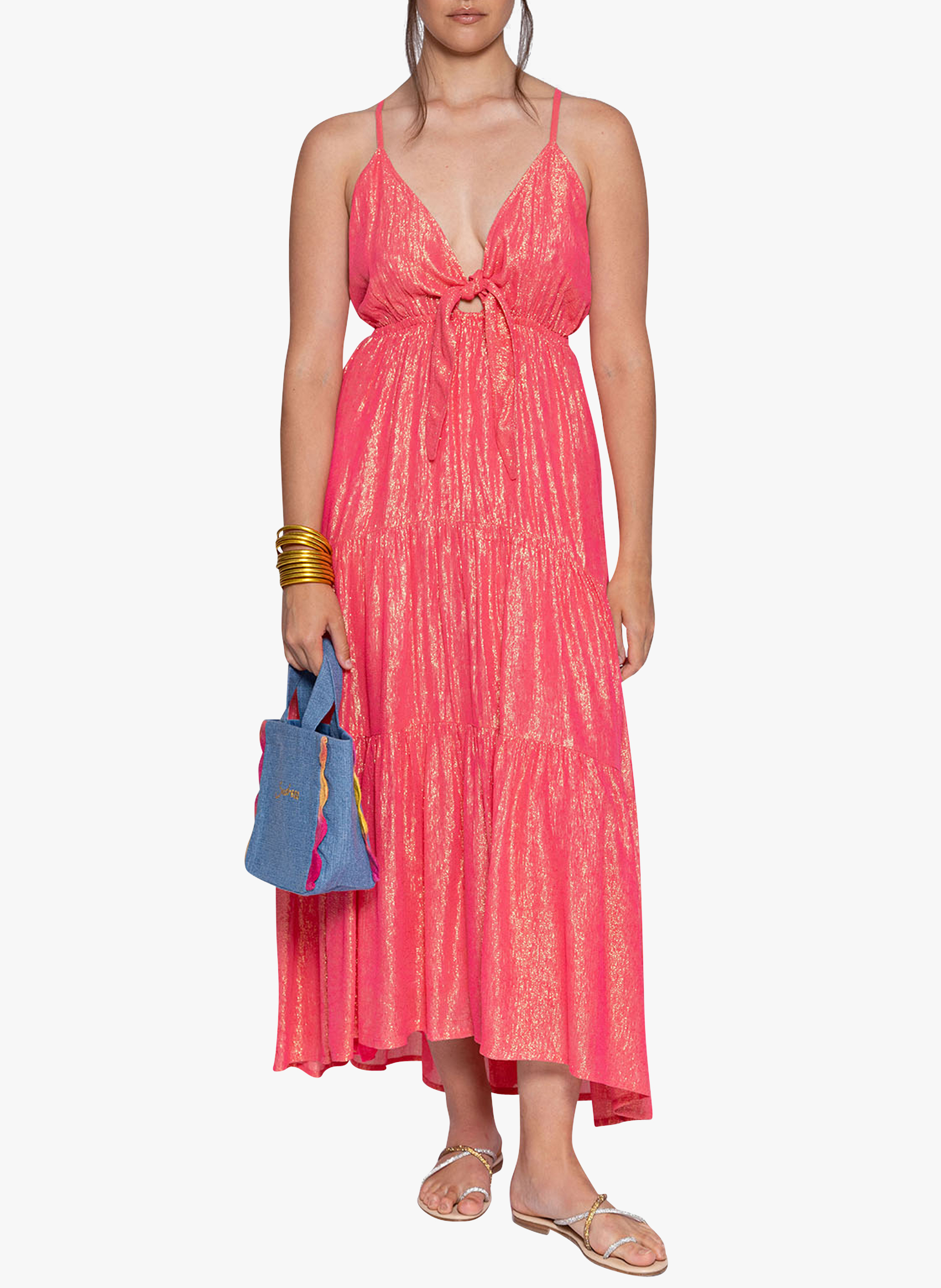 Robe longue col V à fils métallisés SUNDRESS Rose