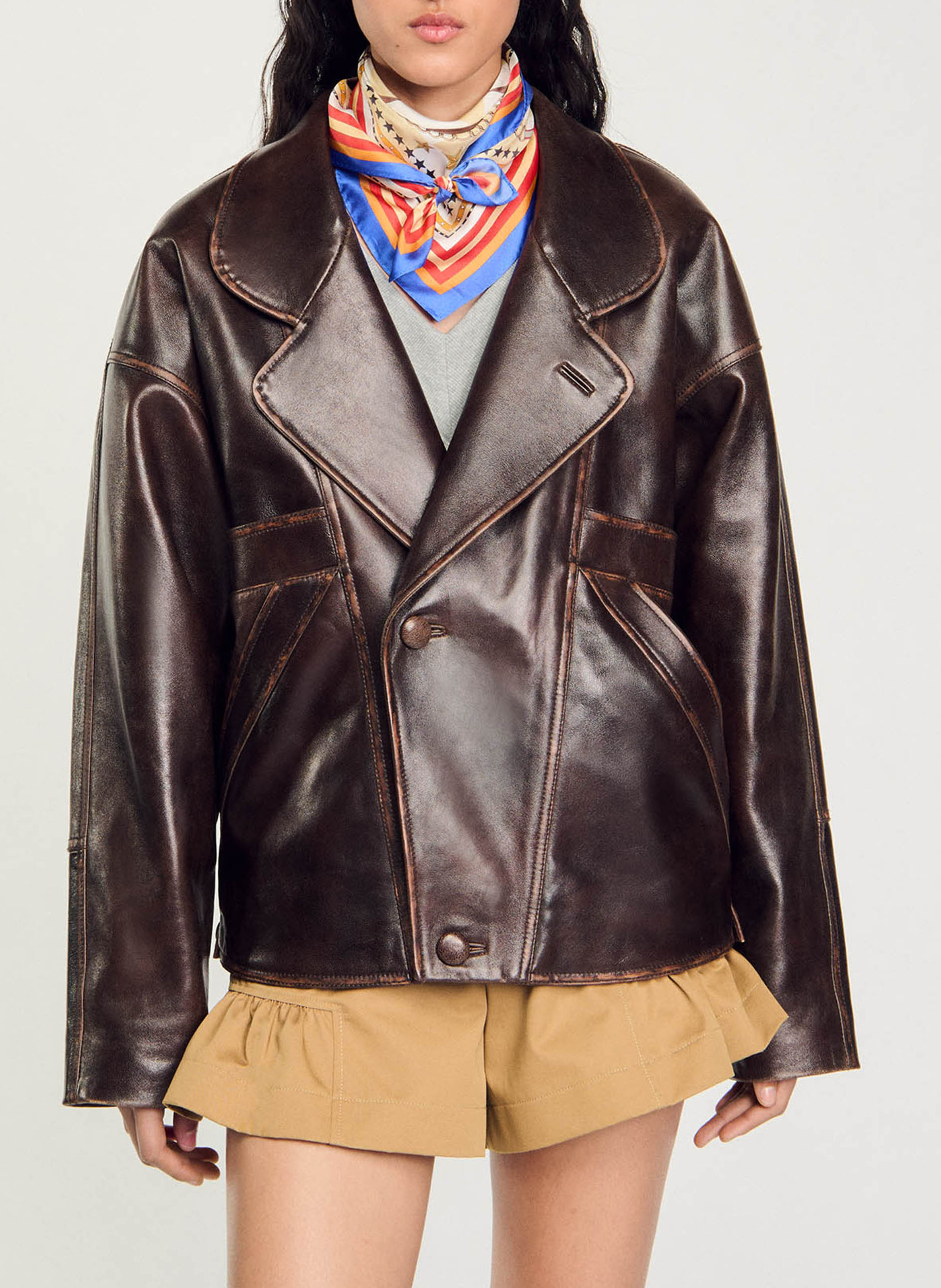 Veste col tailleur en cuir SANDRO Marron
