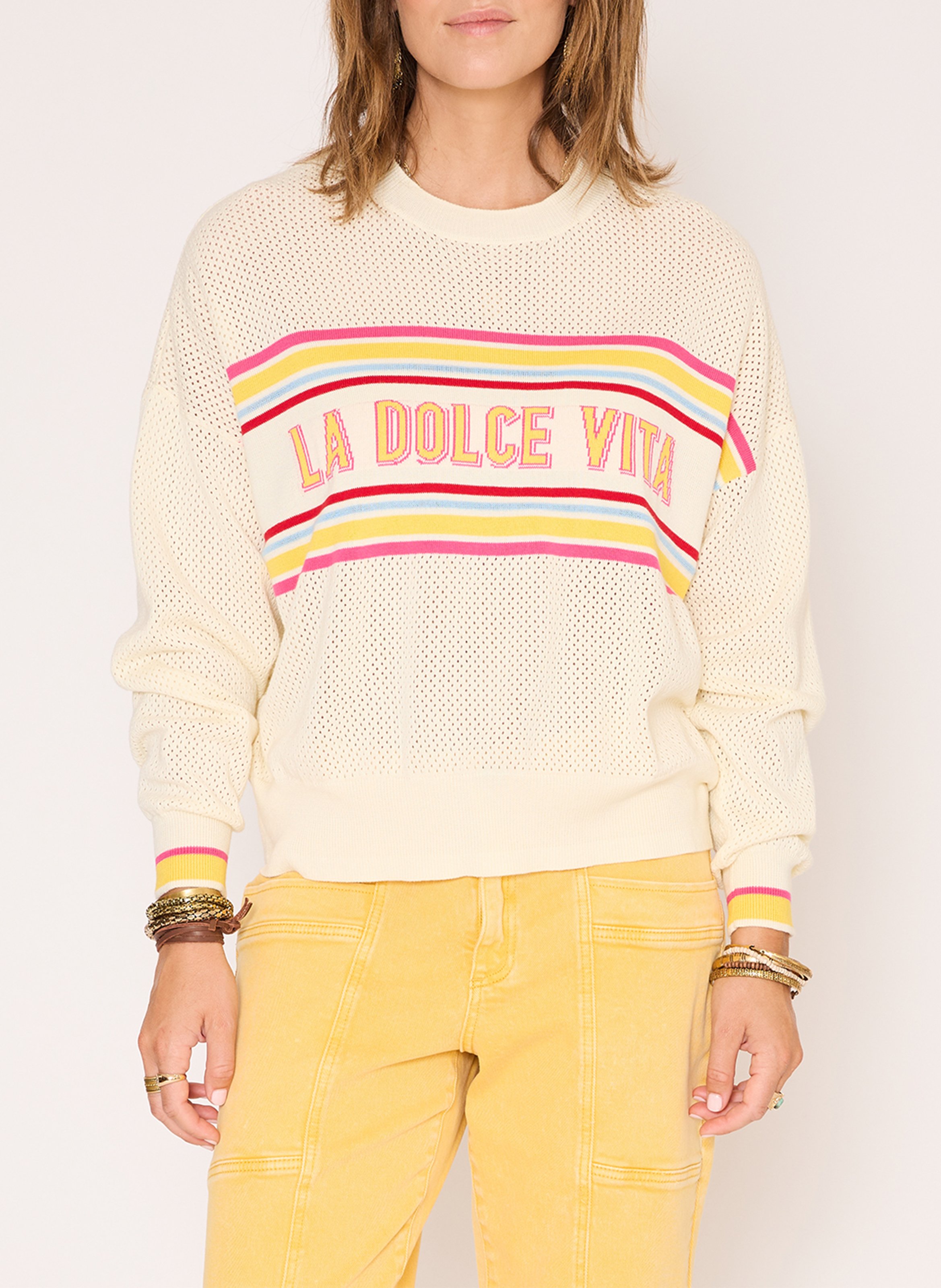 Round-neck cotton sweater with wide stripes MKT Beige