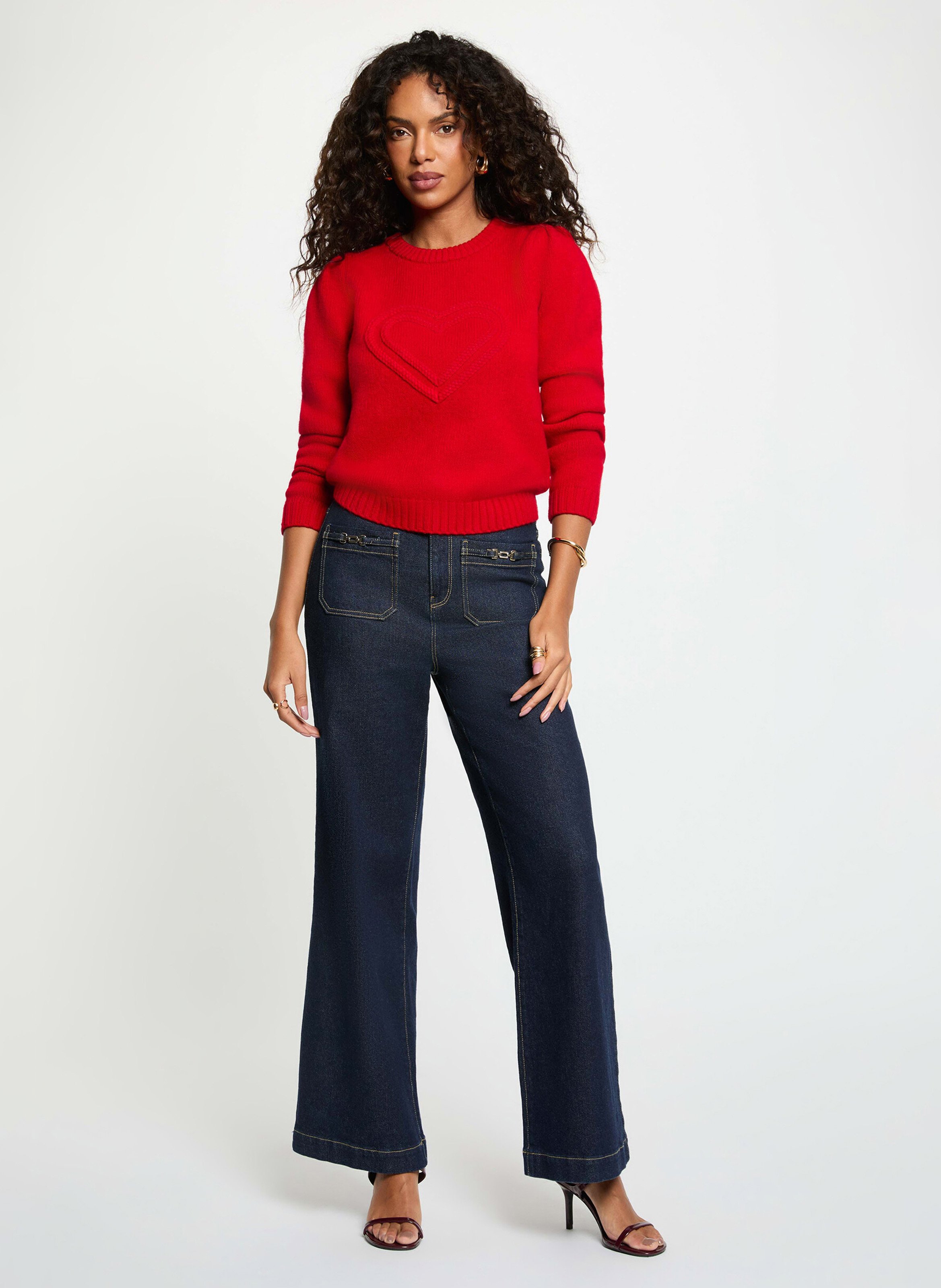 Straight round-neck sweater with heart embroidery MORGAN Red