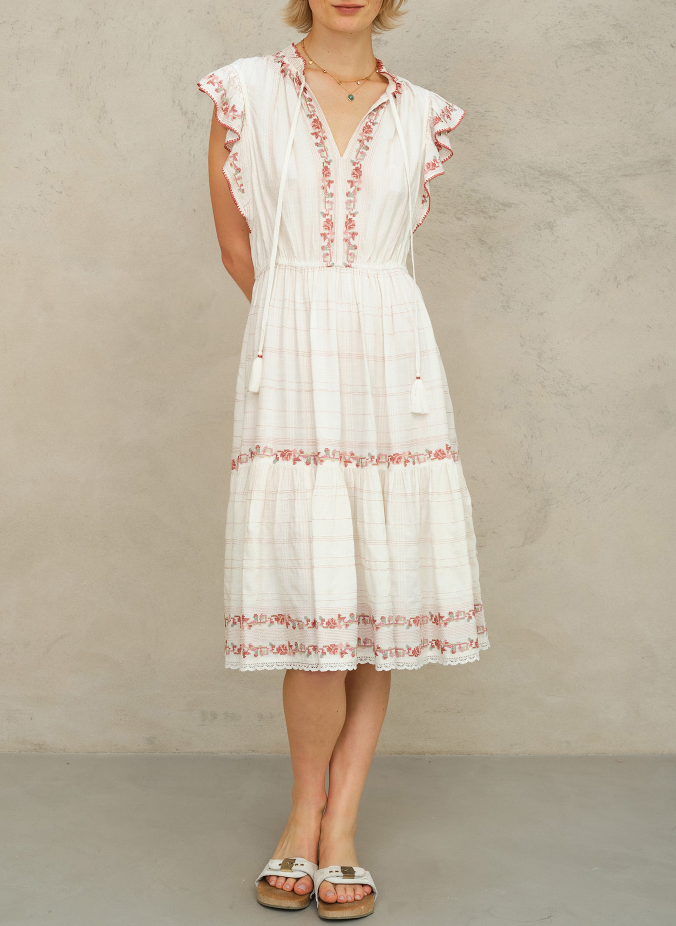 Vestido midi de algodón bordado con cuello de pico M.A.B.E Blanco