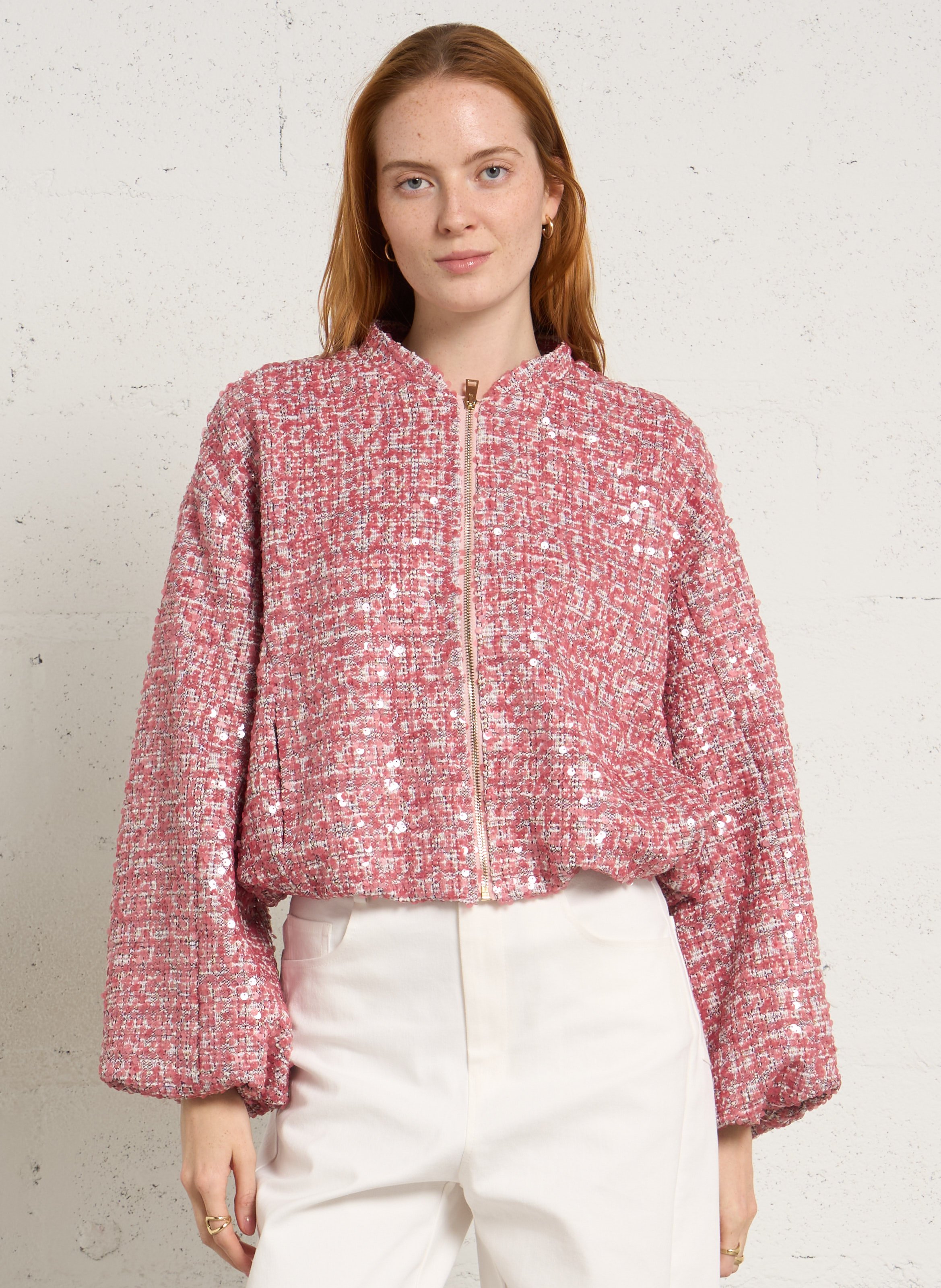 Veste courte zippée en tweed sequins IMPERIAL Rose
