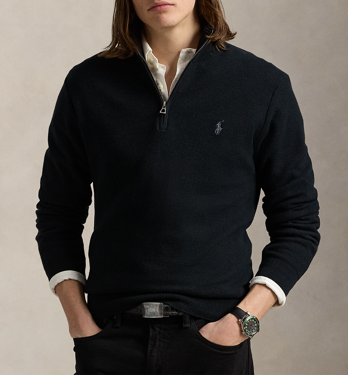 Pull col montant zippé en coton piqué POLO RALPH LAUREN Noir