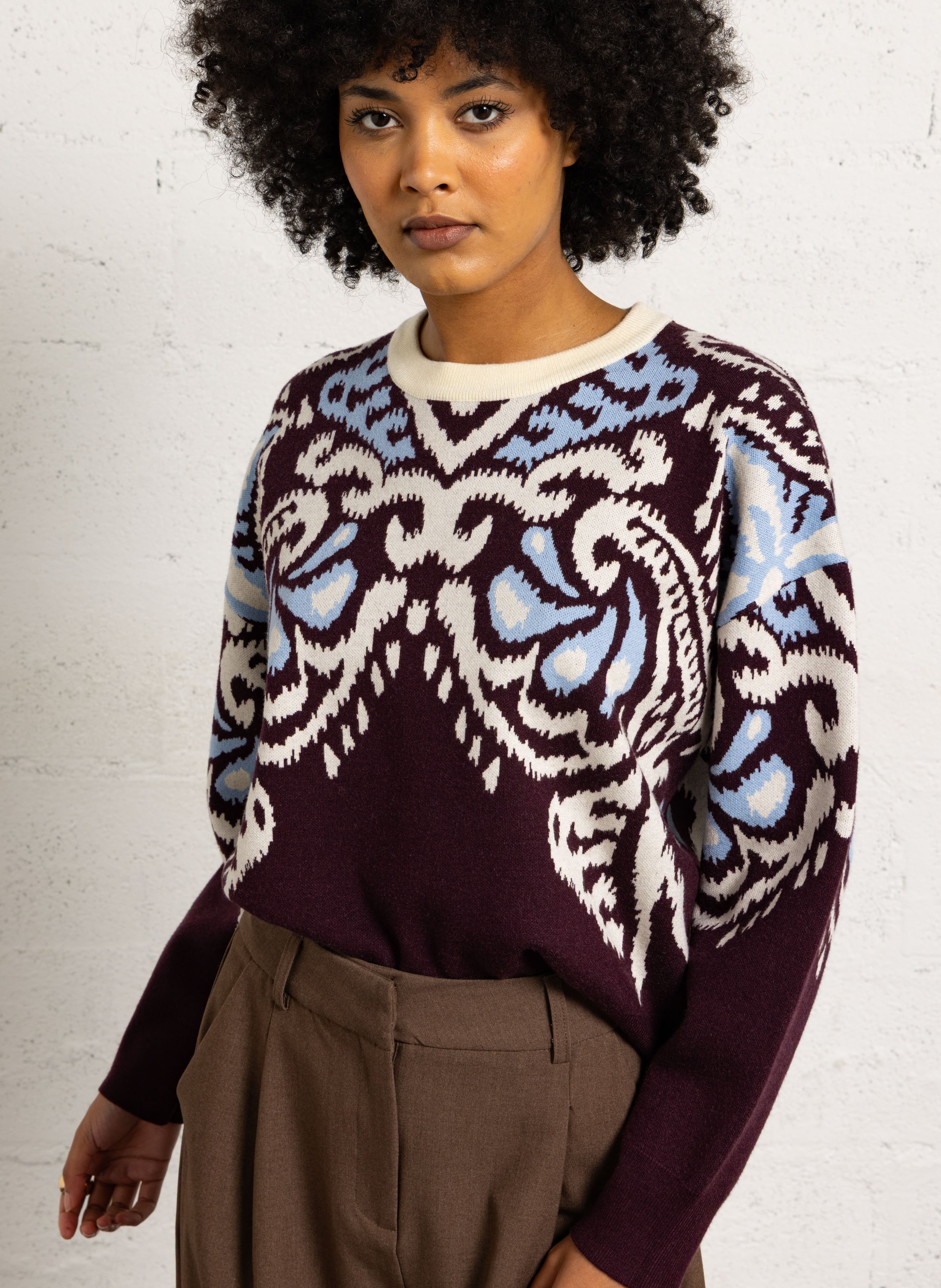 Pull à motifs col rond SUNCOO Prune