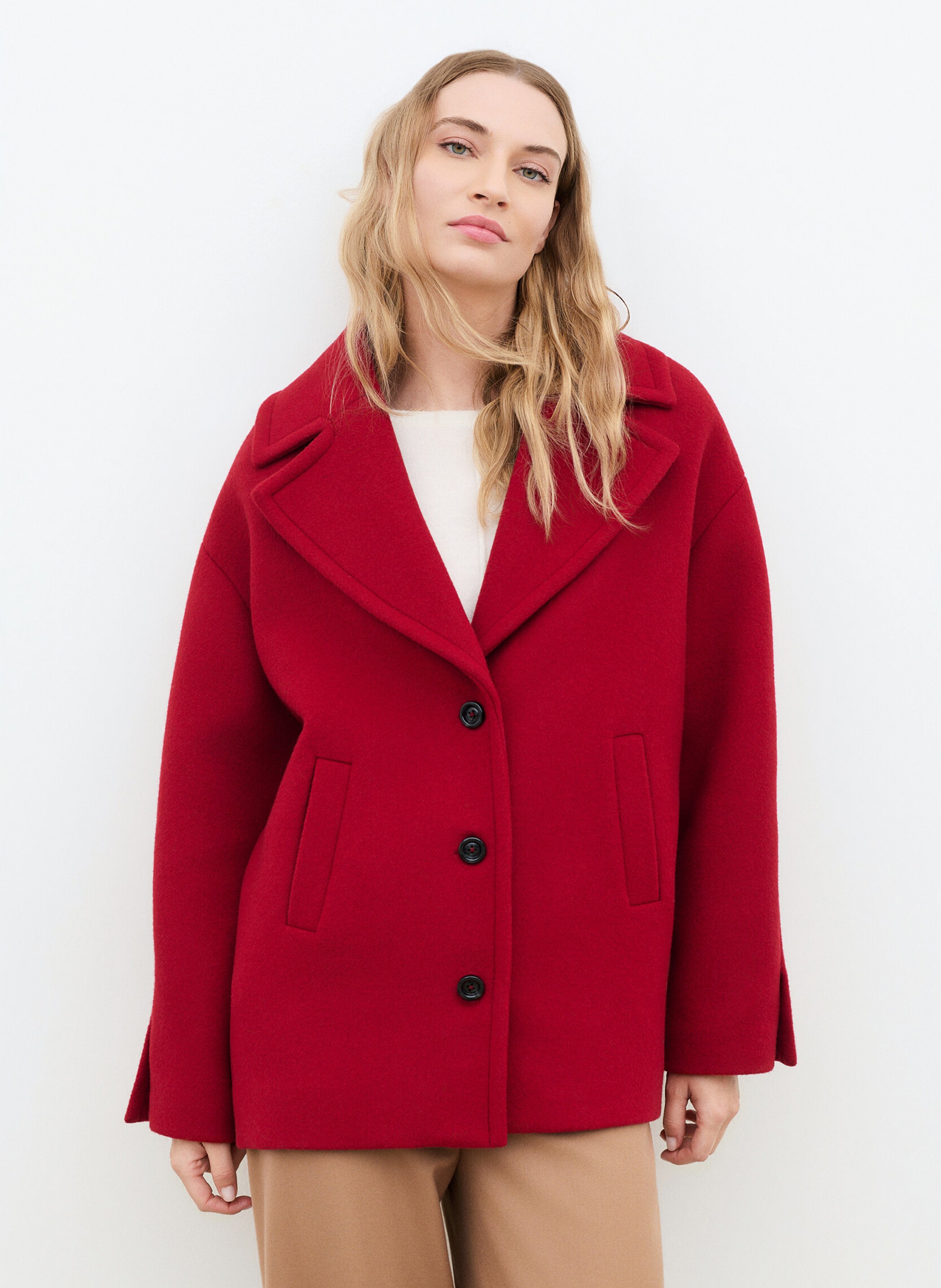 Manteau col tailleur en laine mélangée CAROLL Rouge