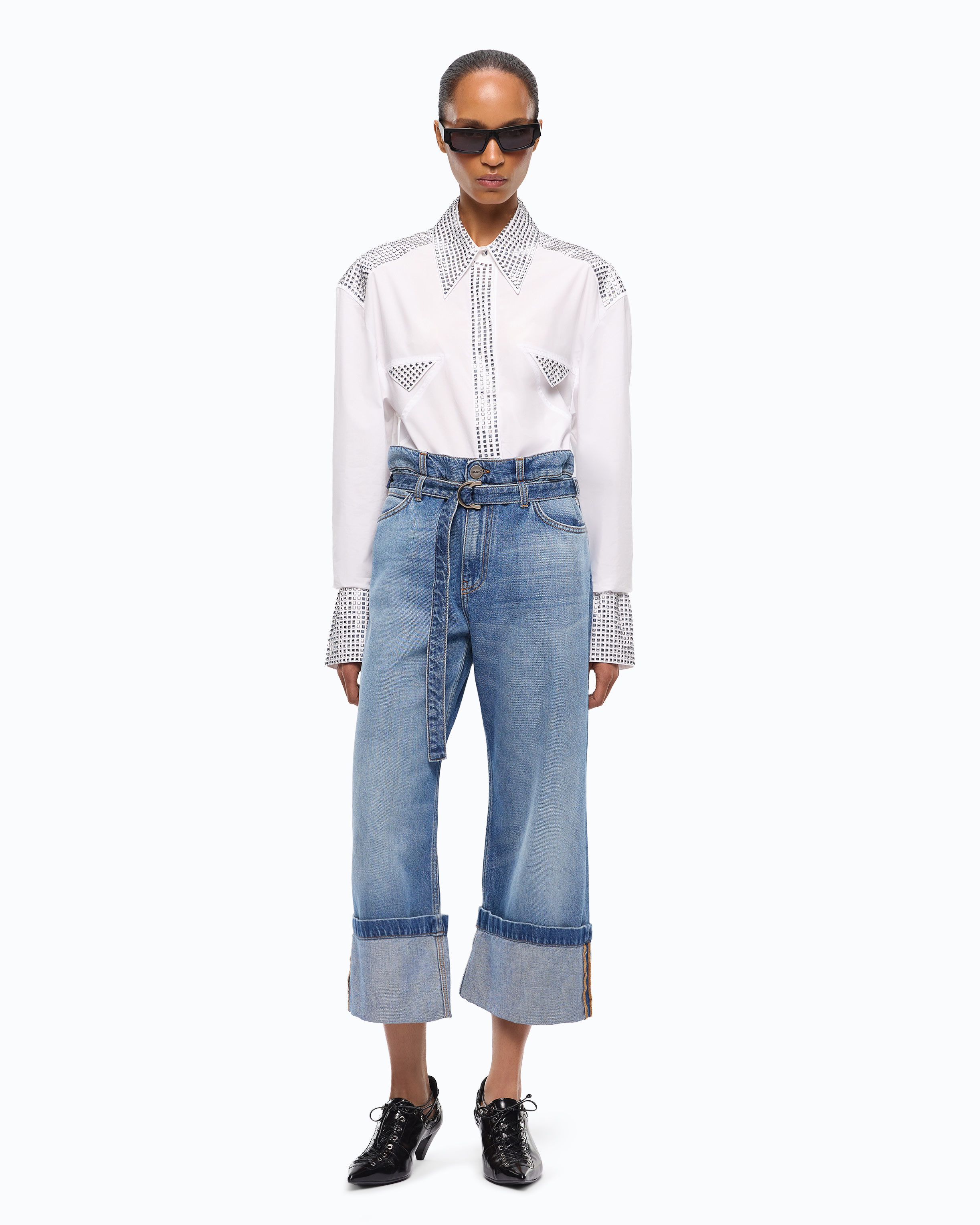 Cropped belted jeans with turn-up cuffs PINKO Blue