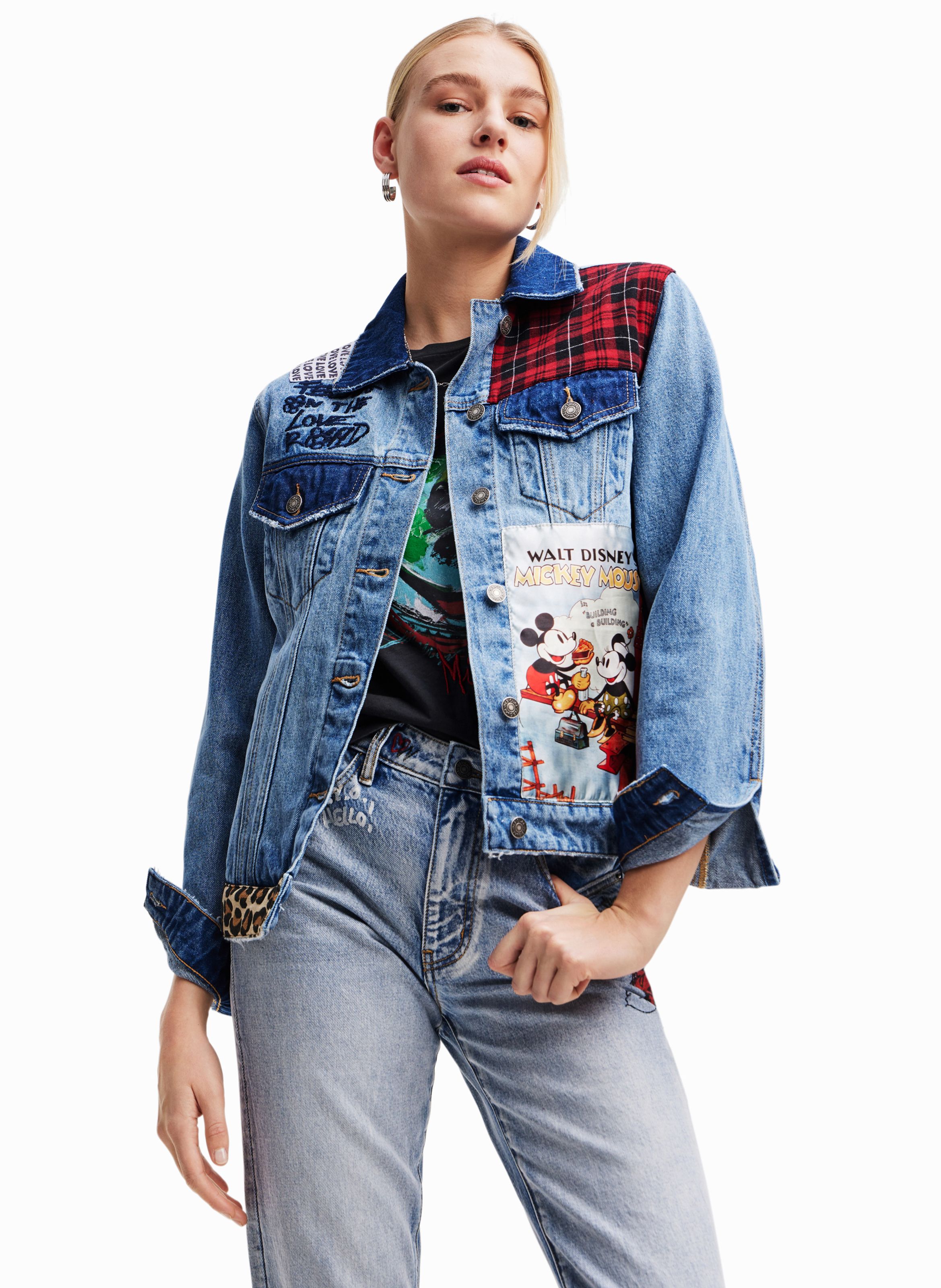 Veste Droit En Denim Patchwork Bleu Desigual Femme Place des