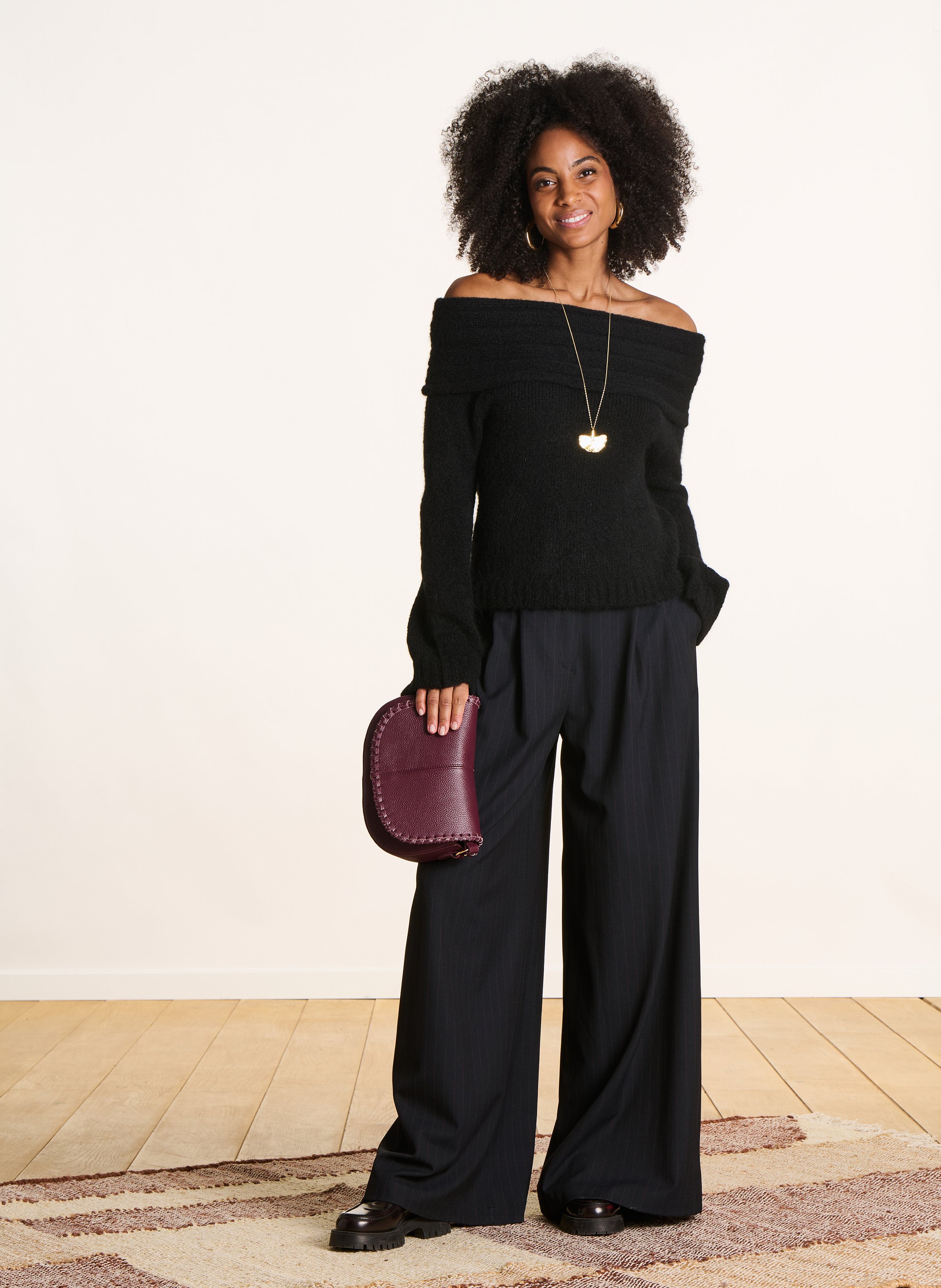 Straight off-the-shoulder knit sweater LA FEE MARABOUTEE Black