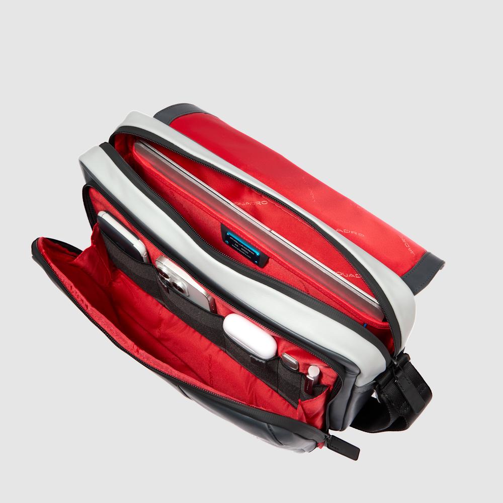 Leather computer messenger bag with pocket for airpods®, shock protection, and RFID. PIQUADRO Grey