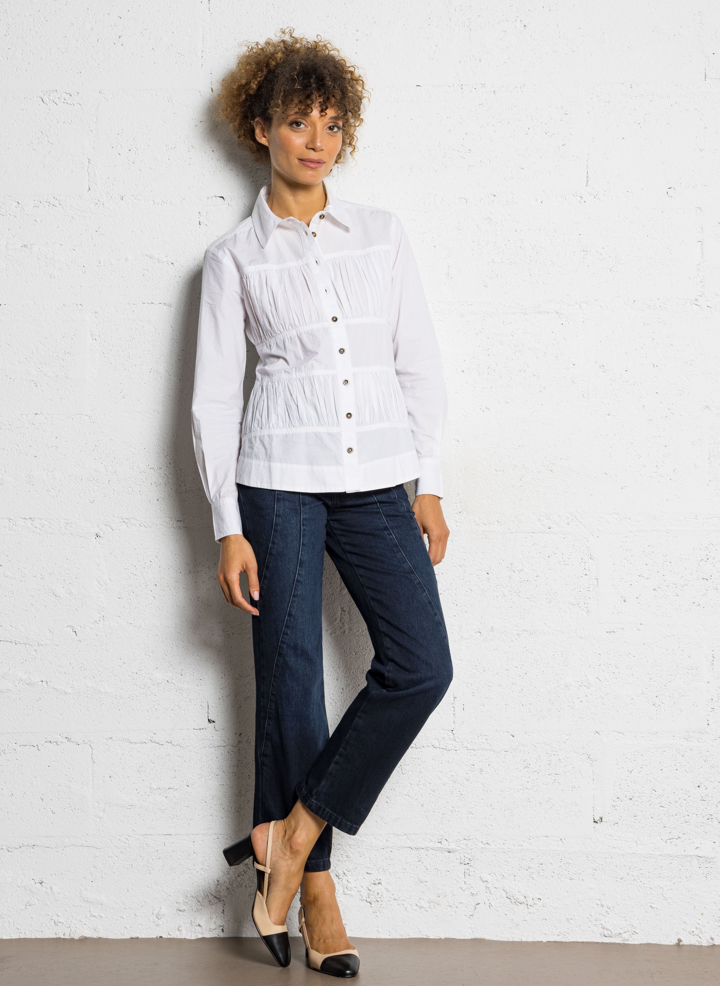 Chemise droite unie à fronces Blanc