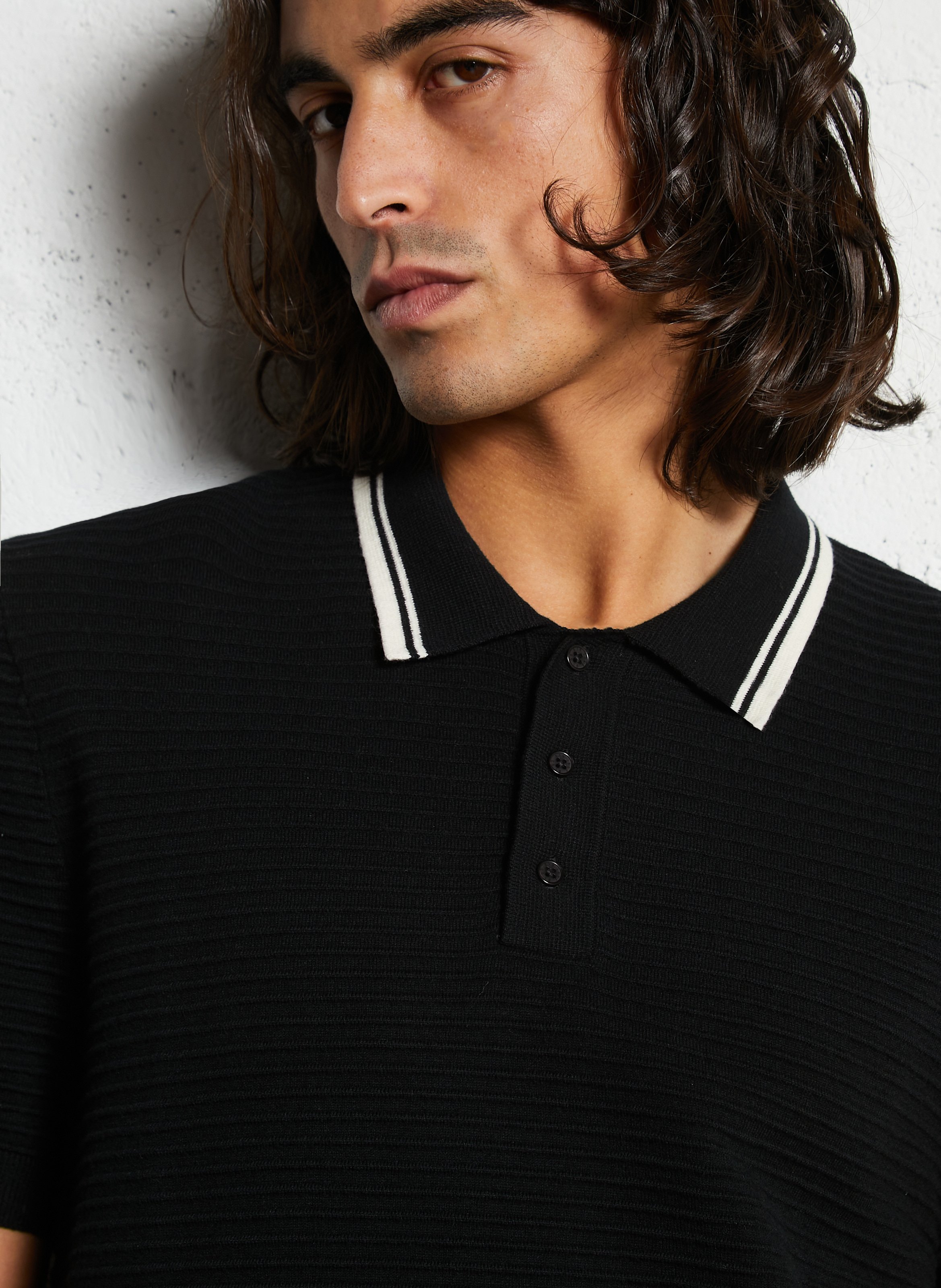 Solid short-sleeve polo with striped collar IKKS Black
