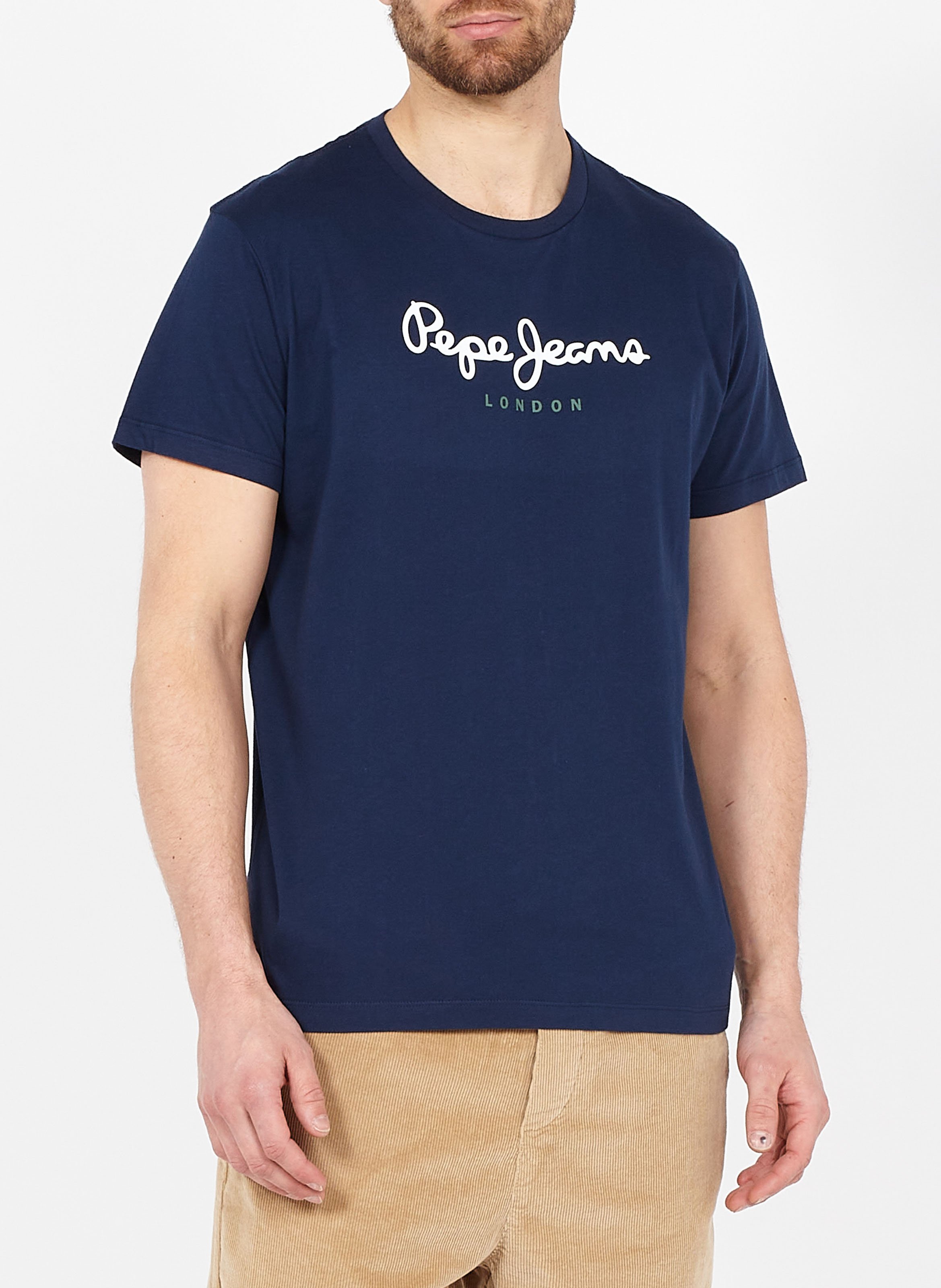 Round-neck cotton T-shirt with screen print PEPE JEANS Blue