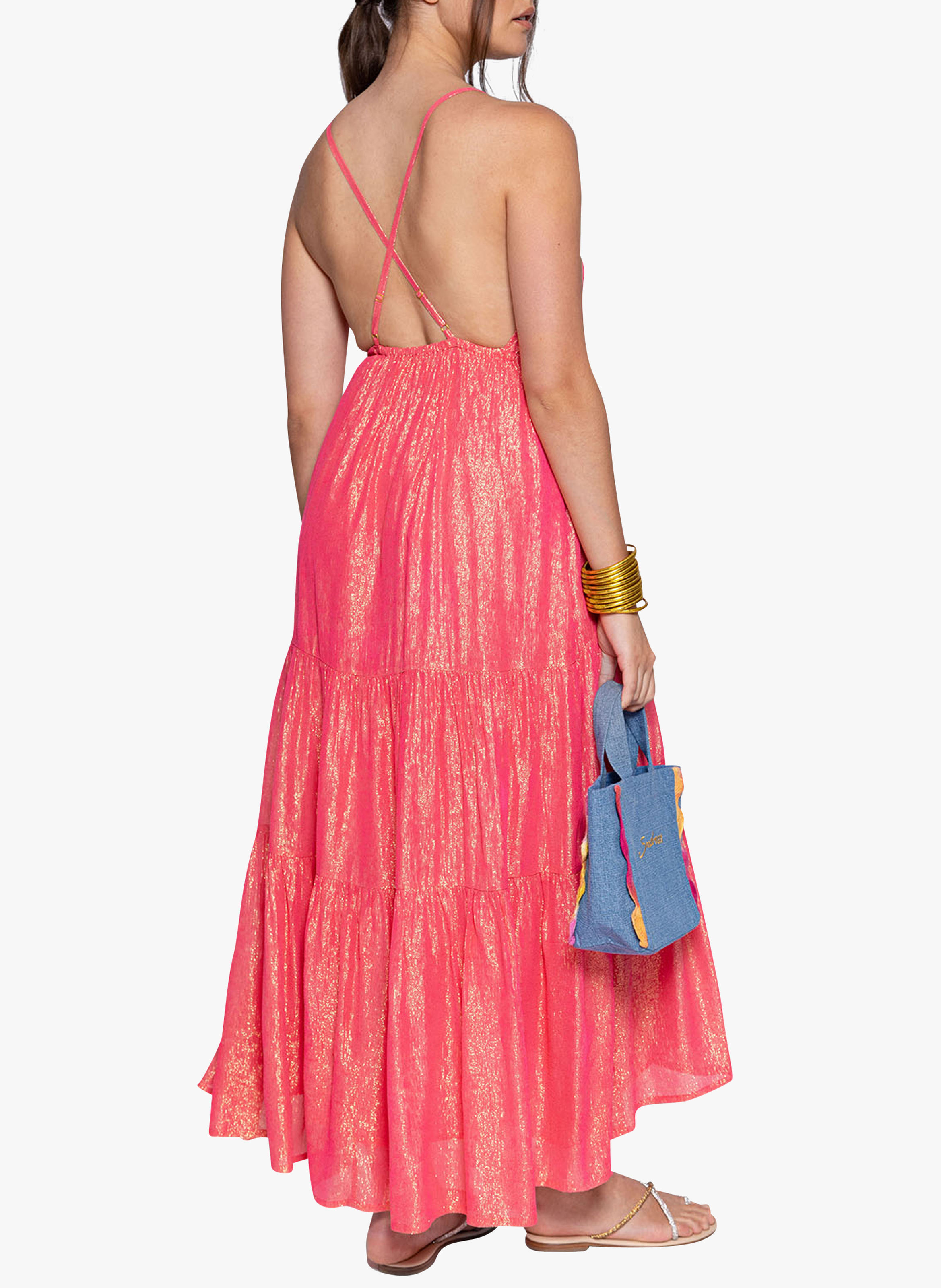 Robe longue col V à fils métallisés SUNDRESS Rose