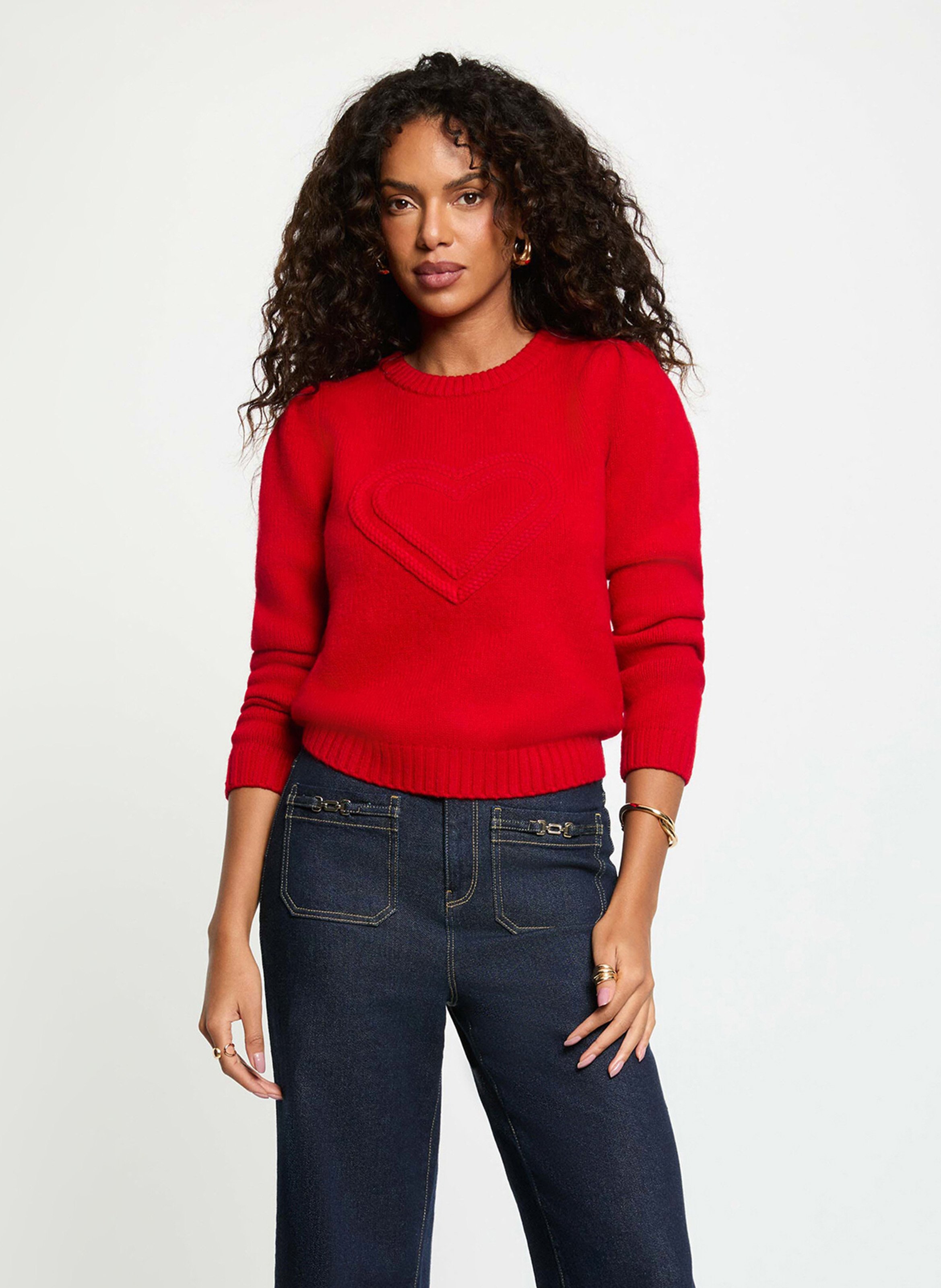 Straight round-neck sweater with heart embroidery MORGAN Red