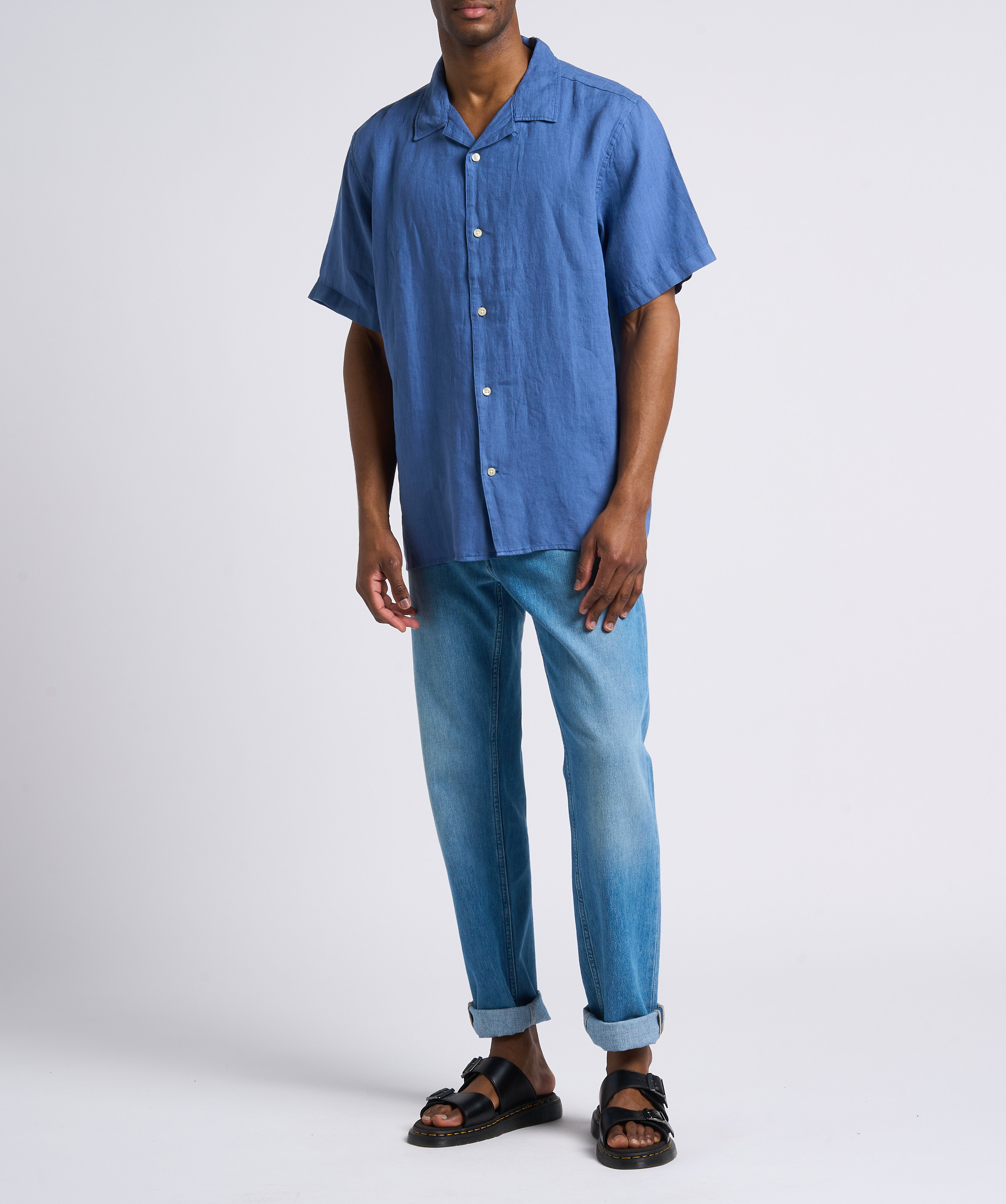 Recht overhemd van biologisch linnen met klassieke kraag KNOWLEDGE COTTON APPAREL Blauw