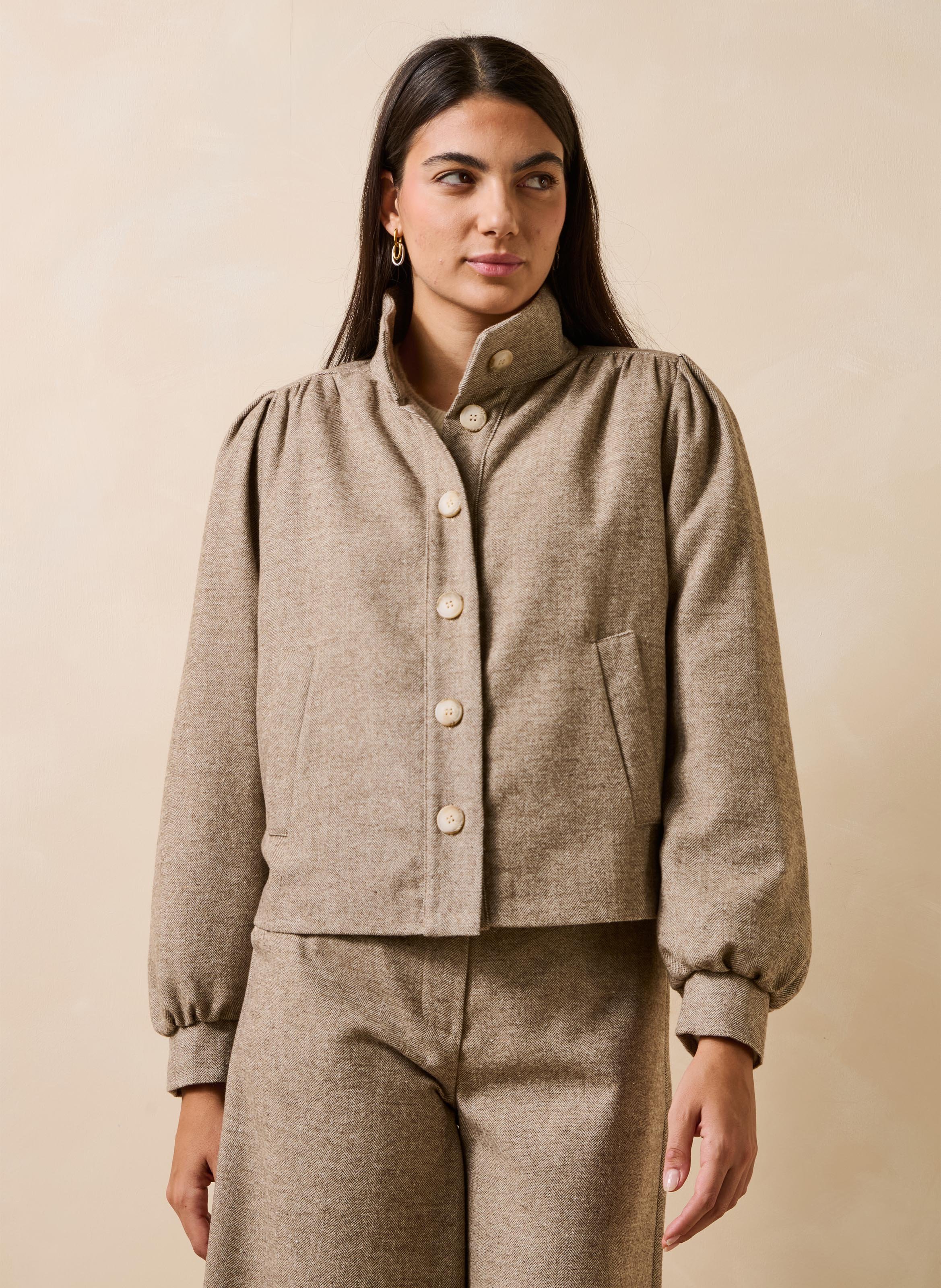 Straight high-neck buttoned tweed jacket LA FEE MARABOUTEE Beige