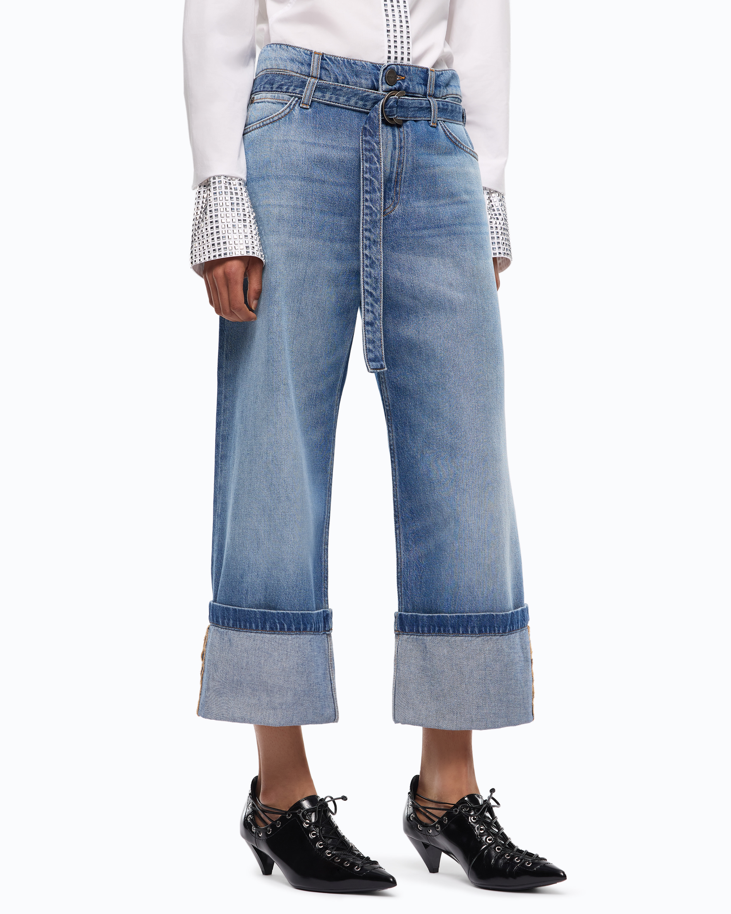 Cropped belted jeans with turn-up cuffs PINKO Blue