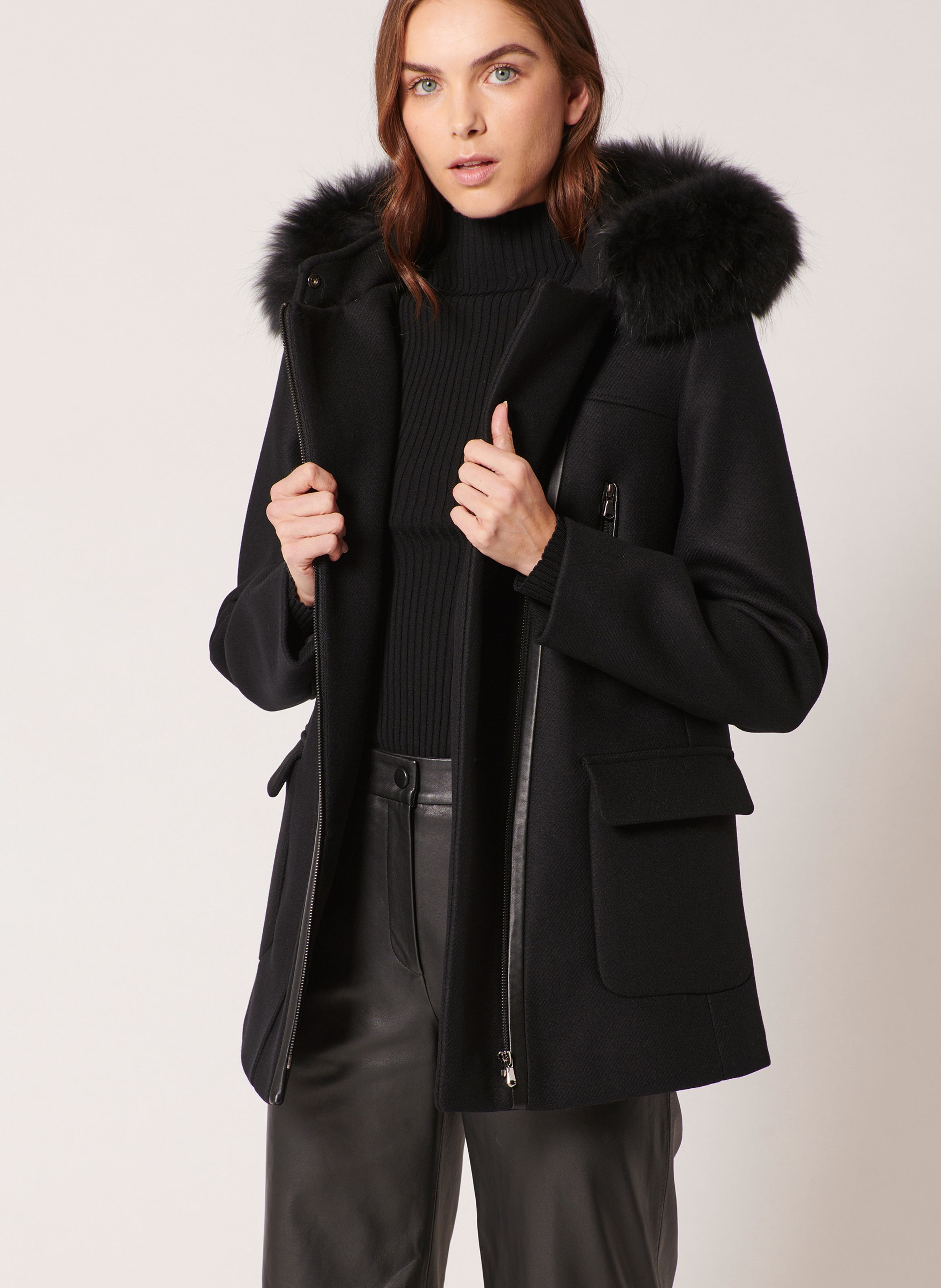 Black Wool blend coat with real fur hood