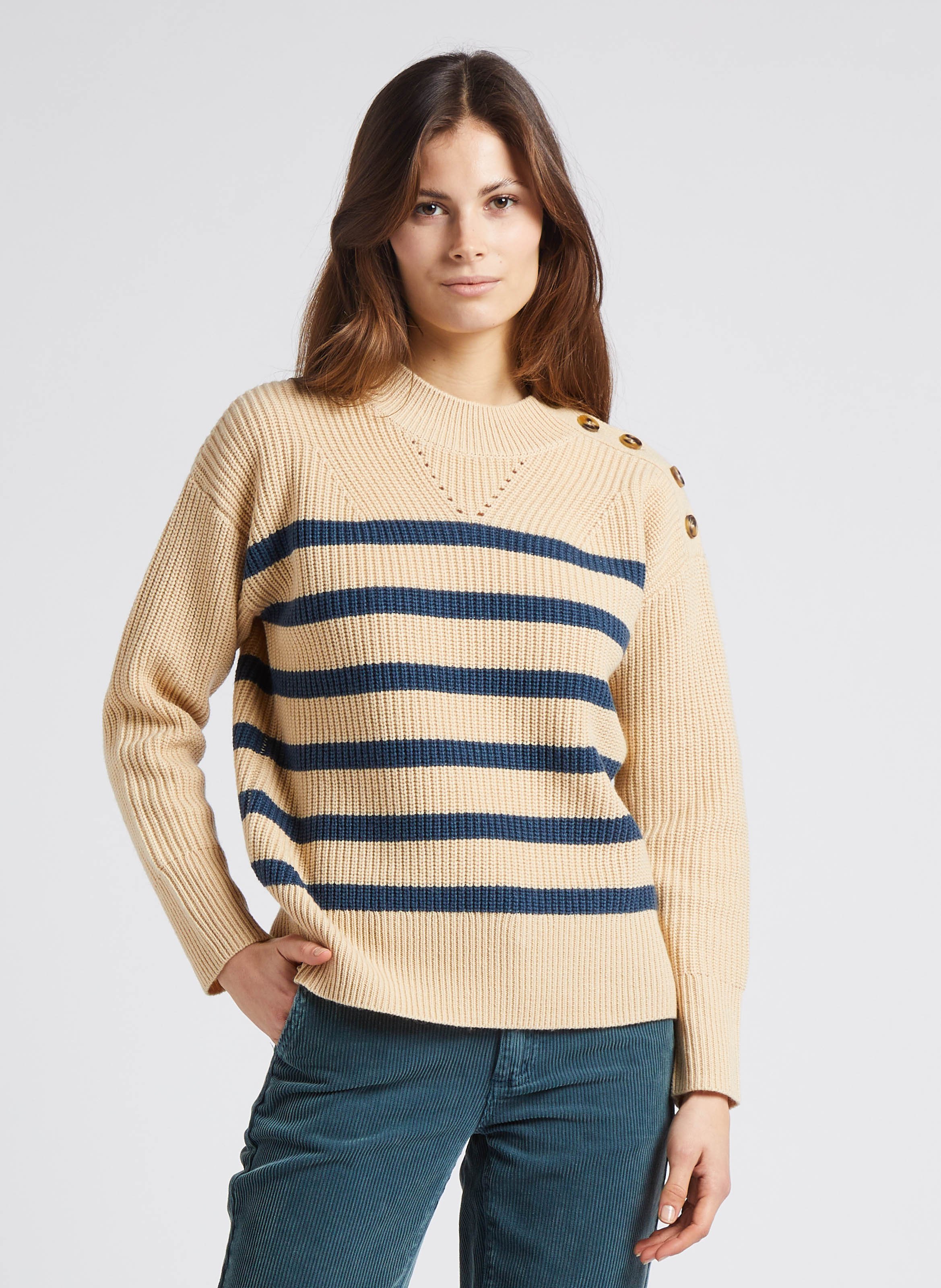 Beige High neck striped wool blend sweater