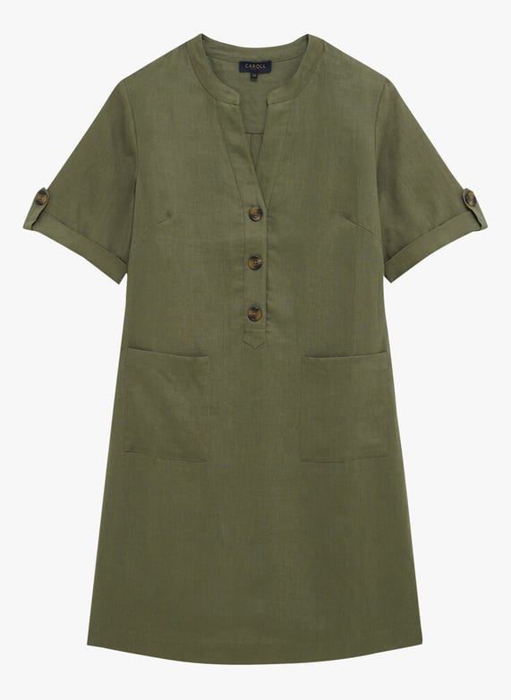 Robe courte col rond en lin 241r-Roude2 Kaki Caroll Femme