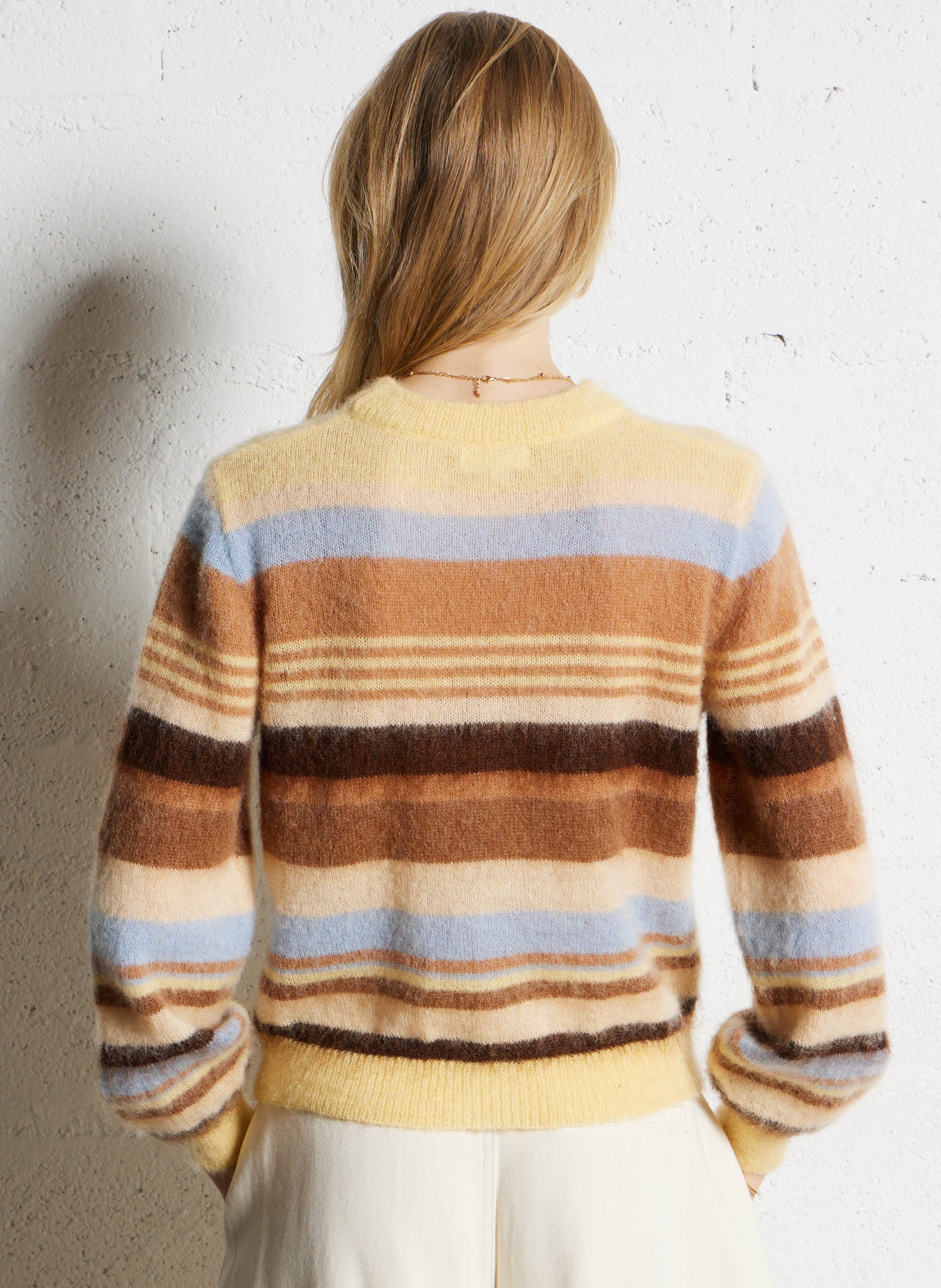 Gerader Rundhalspullover aus gestreiftem Mohair-Mix SUNCOO Beige