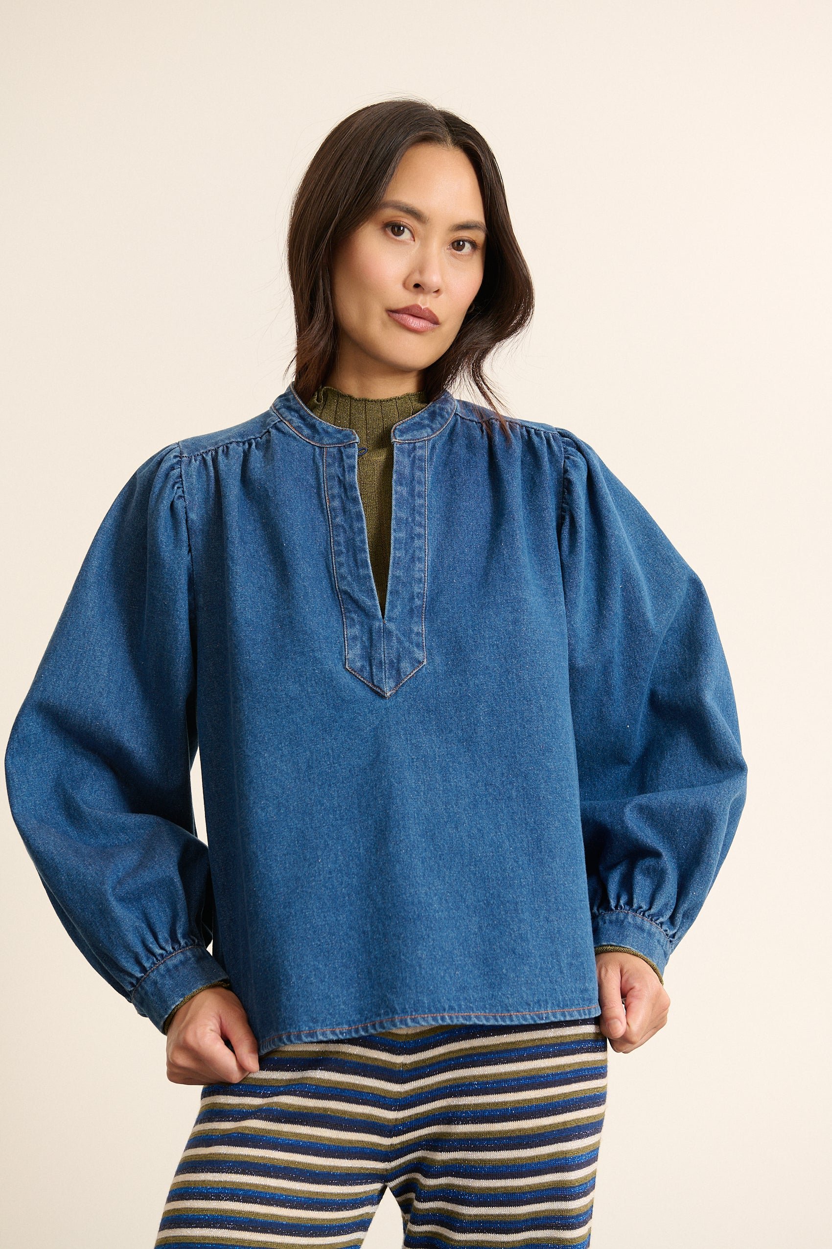 Long-sleeved Tunisian collar blouse GARANCE PARIS Blue
