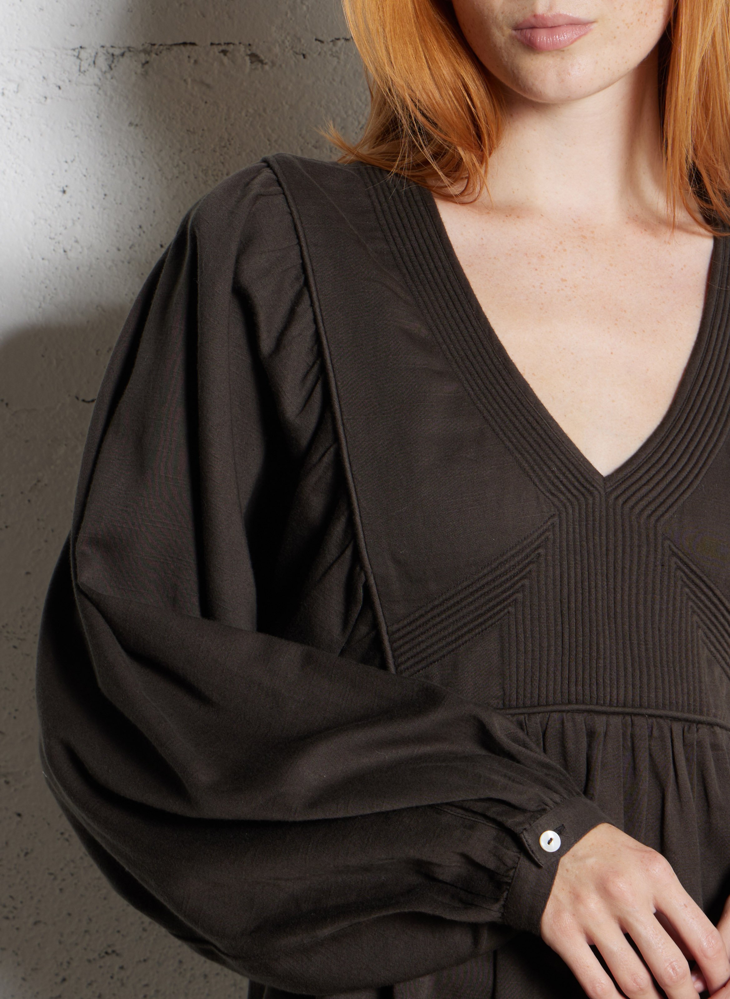 Blouse ample col V en coton LEON & HARPER Marron