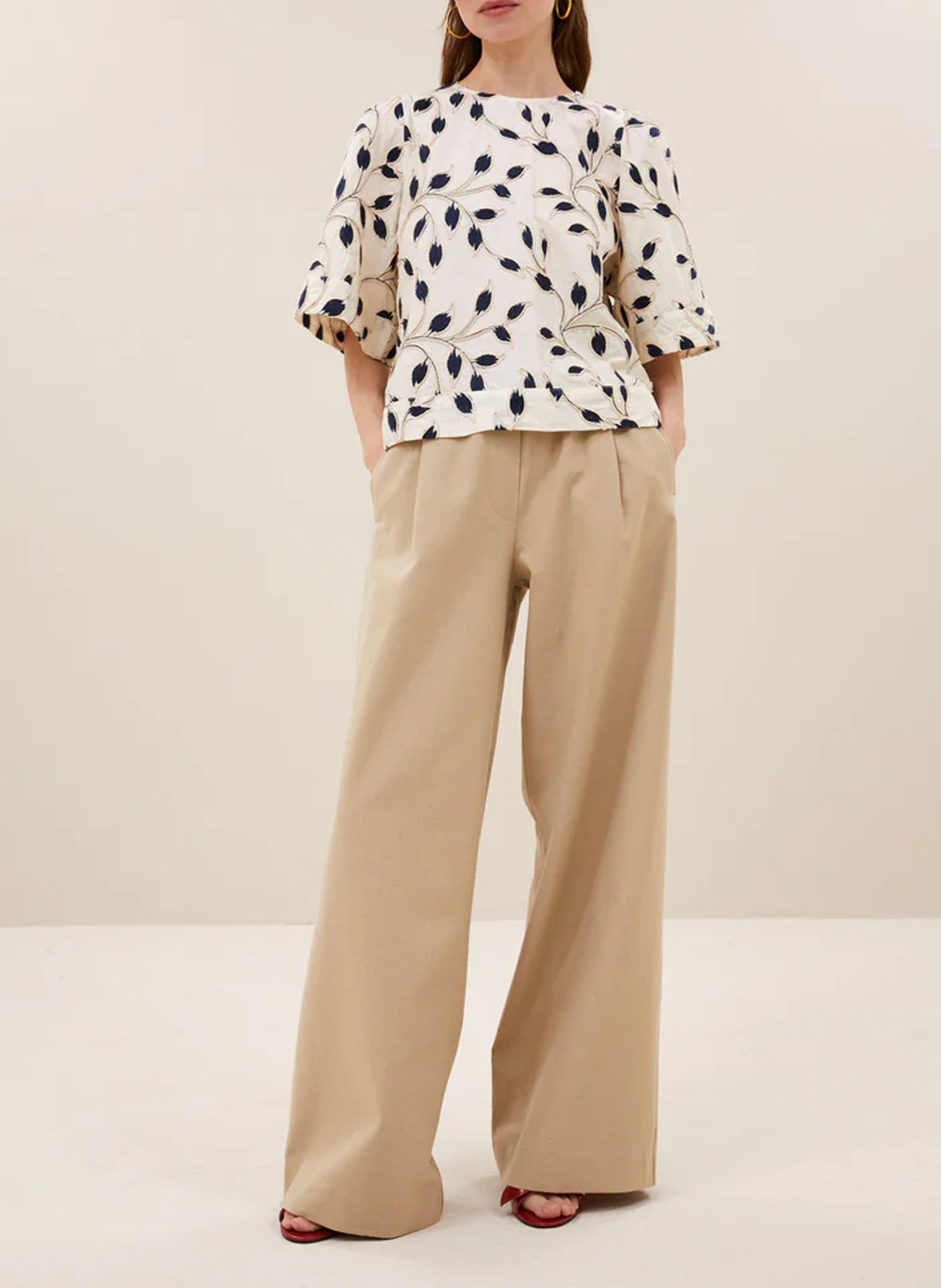 Wijde broek met hoge taille - linnen/katoenblend BY BAR Beige