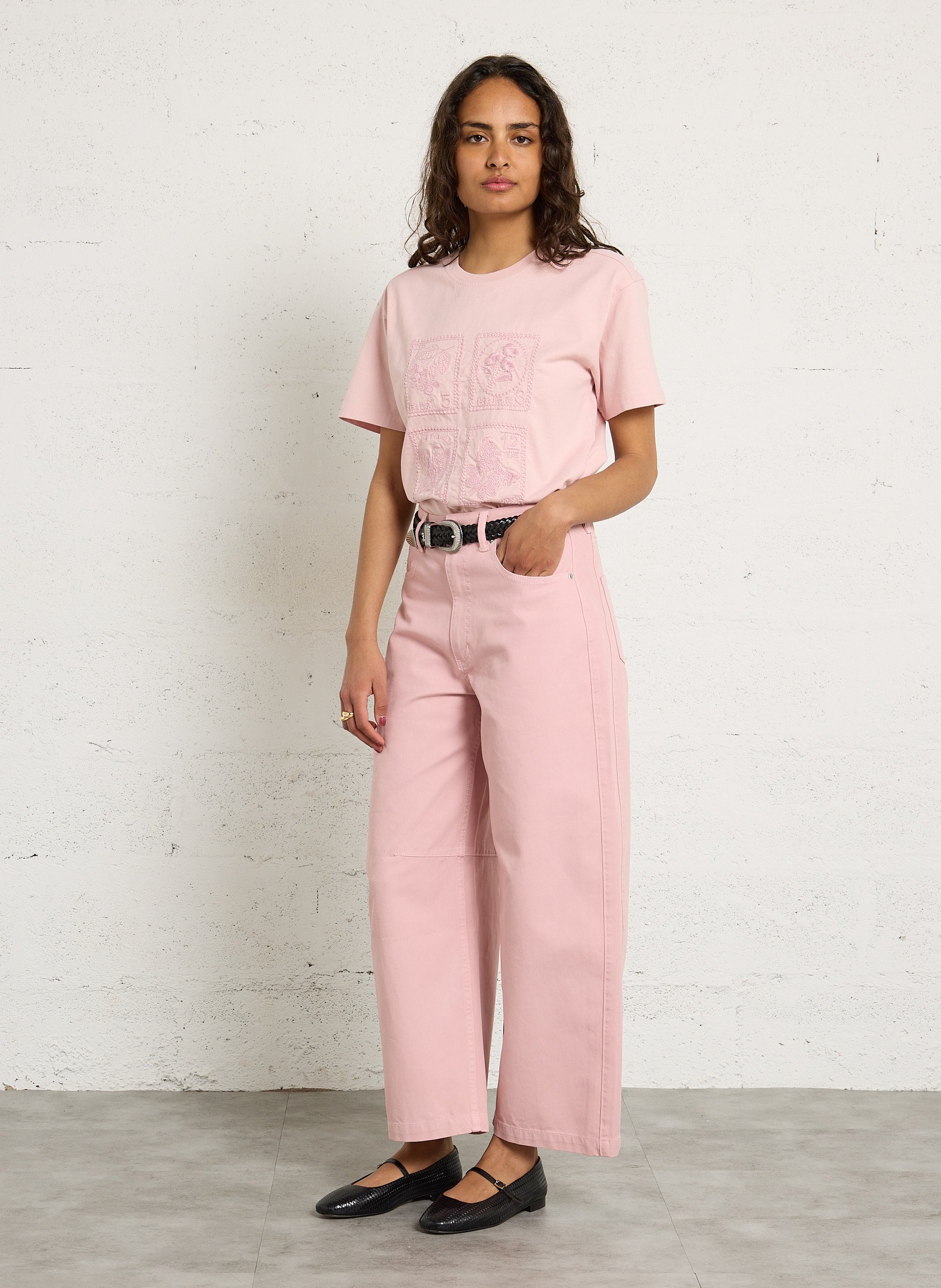 Gerade geschnittenes Rundhals-T-Shirt aus Baumwolle mit Stickerei BERENICE Rosa