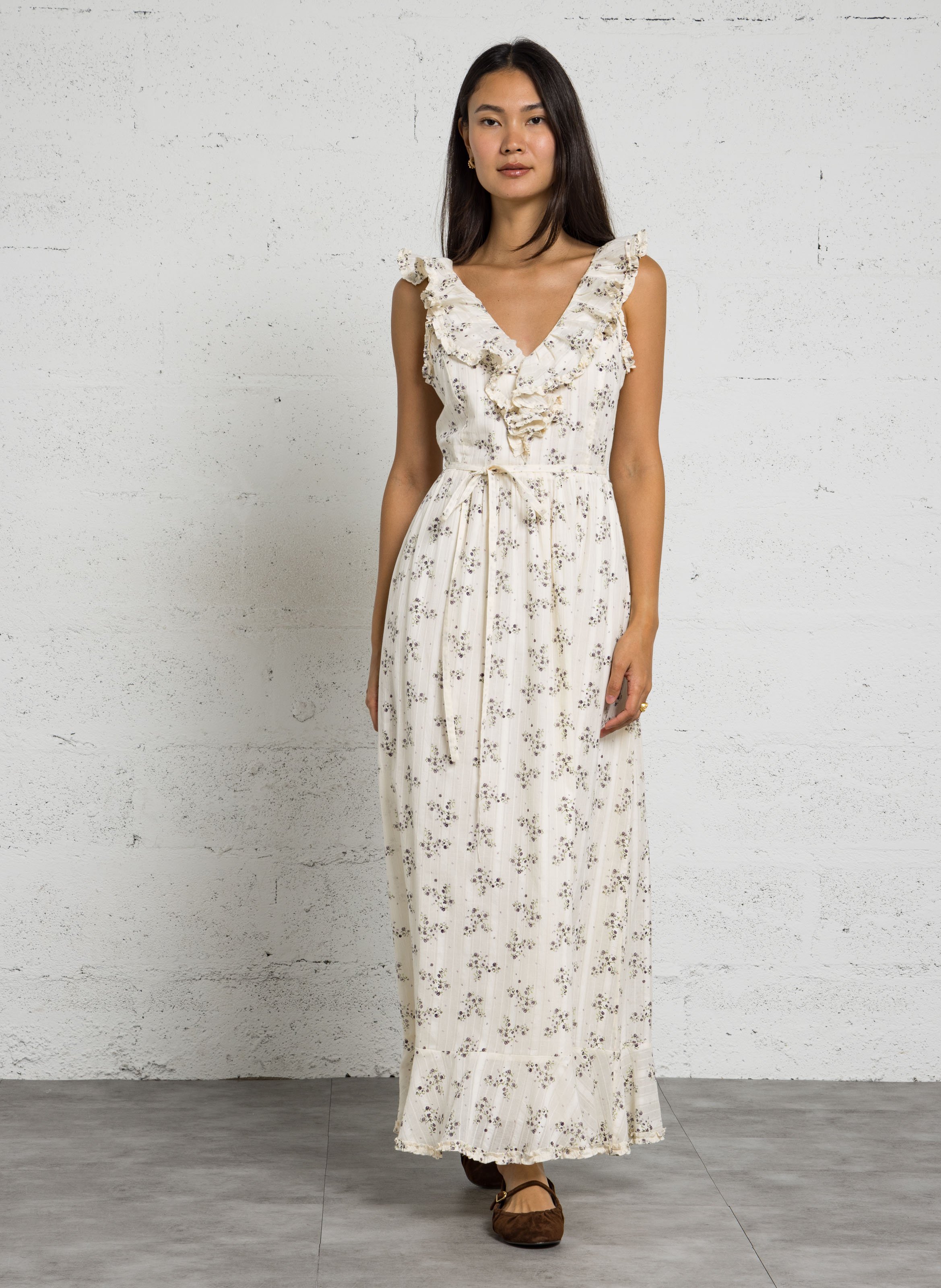 Robe longue à motif fleurs et détails volants IKKS Blanc
