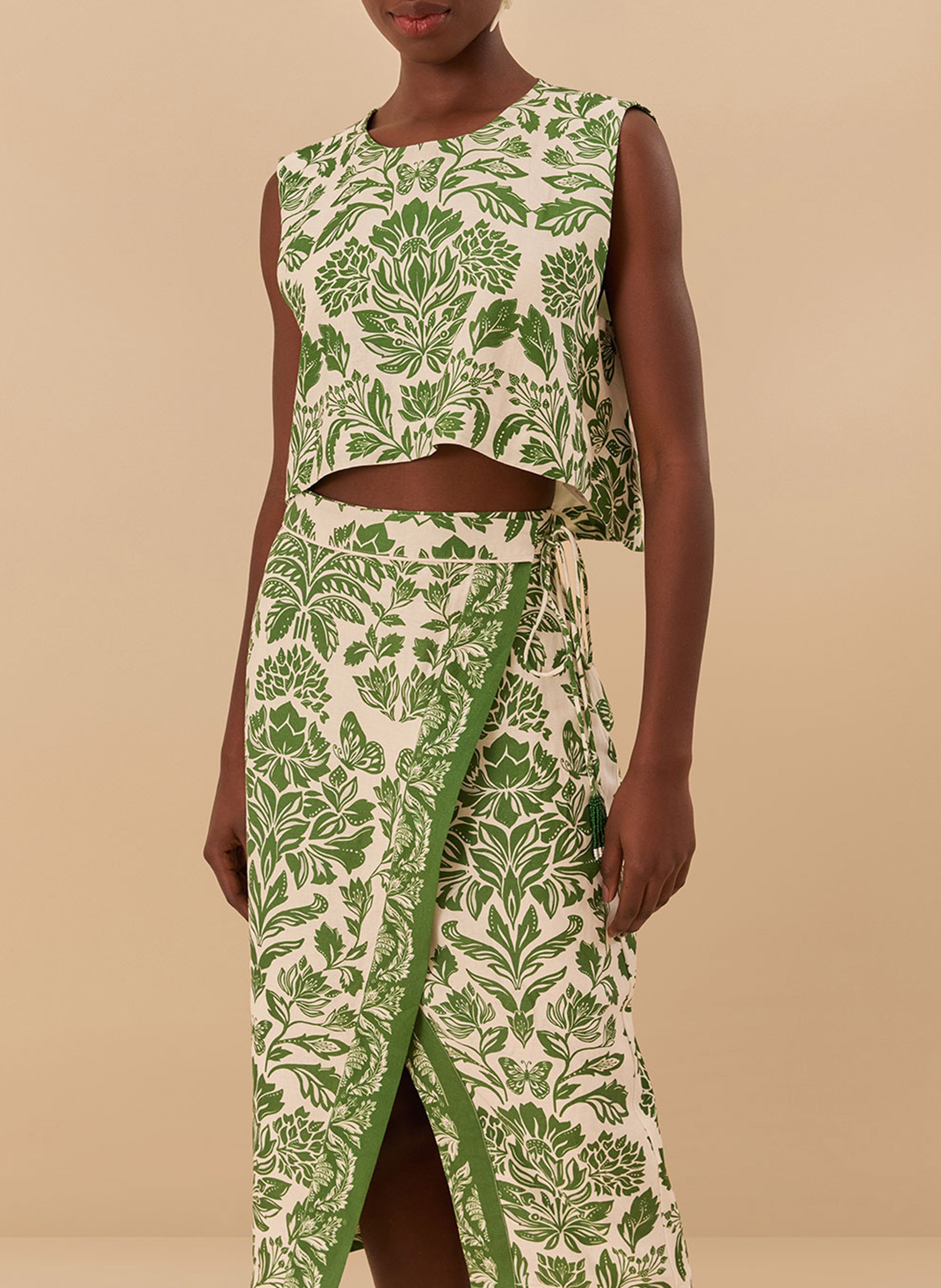 Jupe midi en lin mélangé imprimé FARM RIO Vert