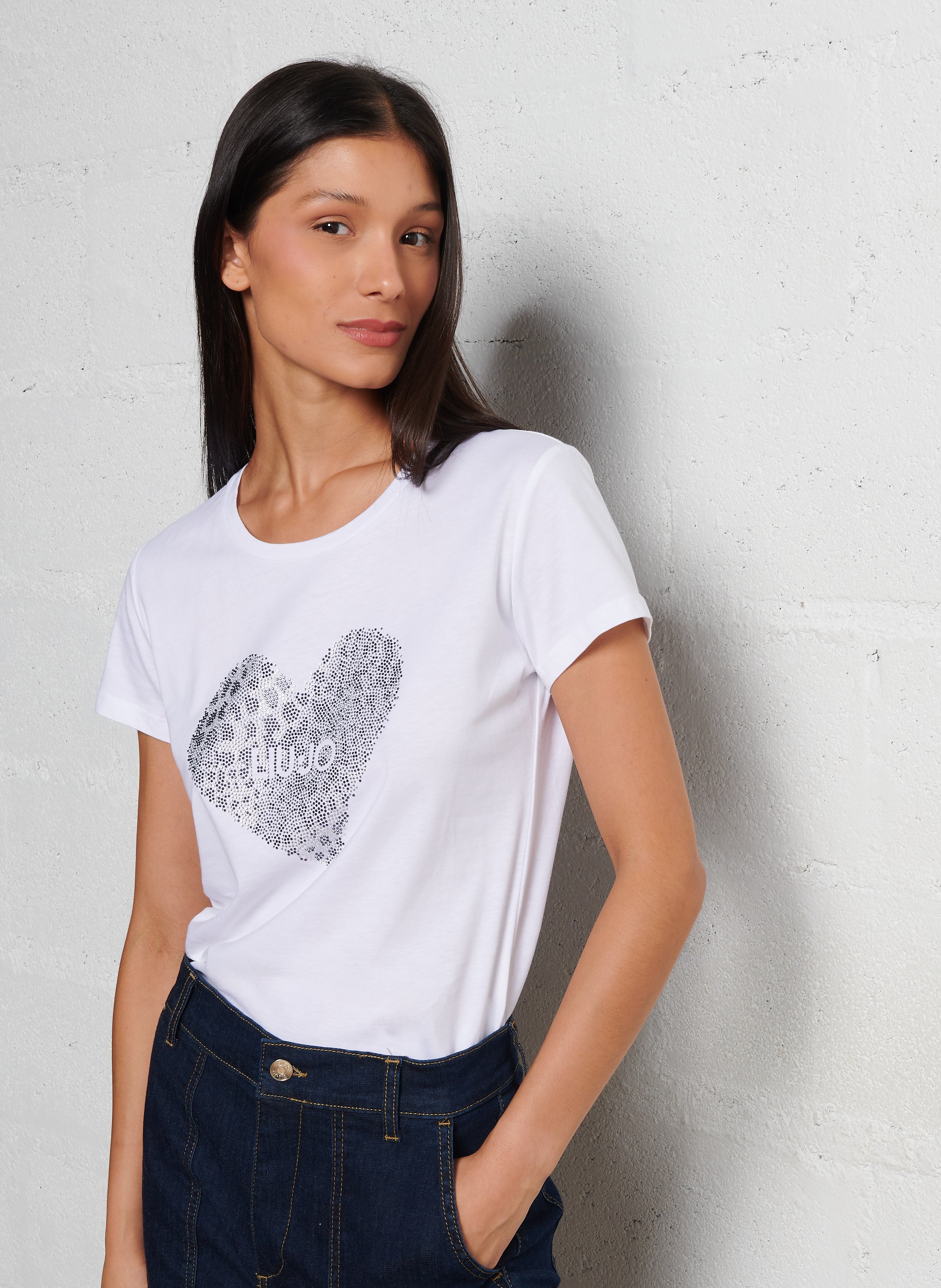 Rundhals-T-Shirt mit Strasssteinen LIU JO Weiss