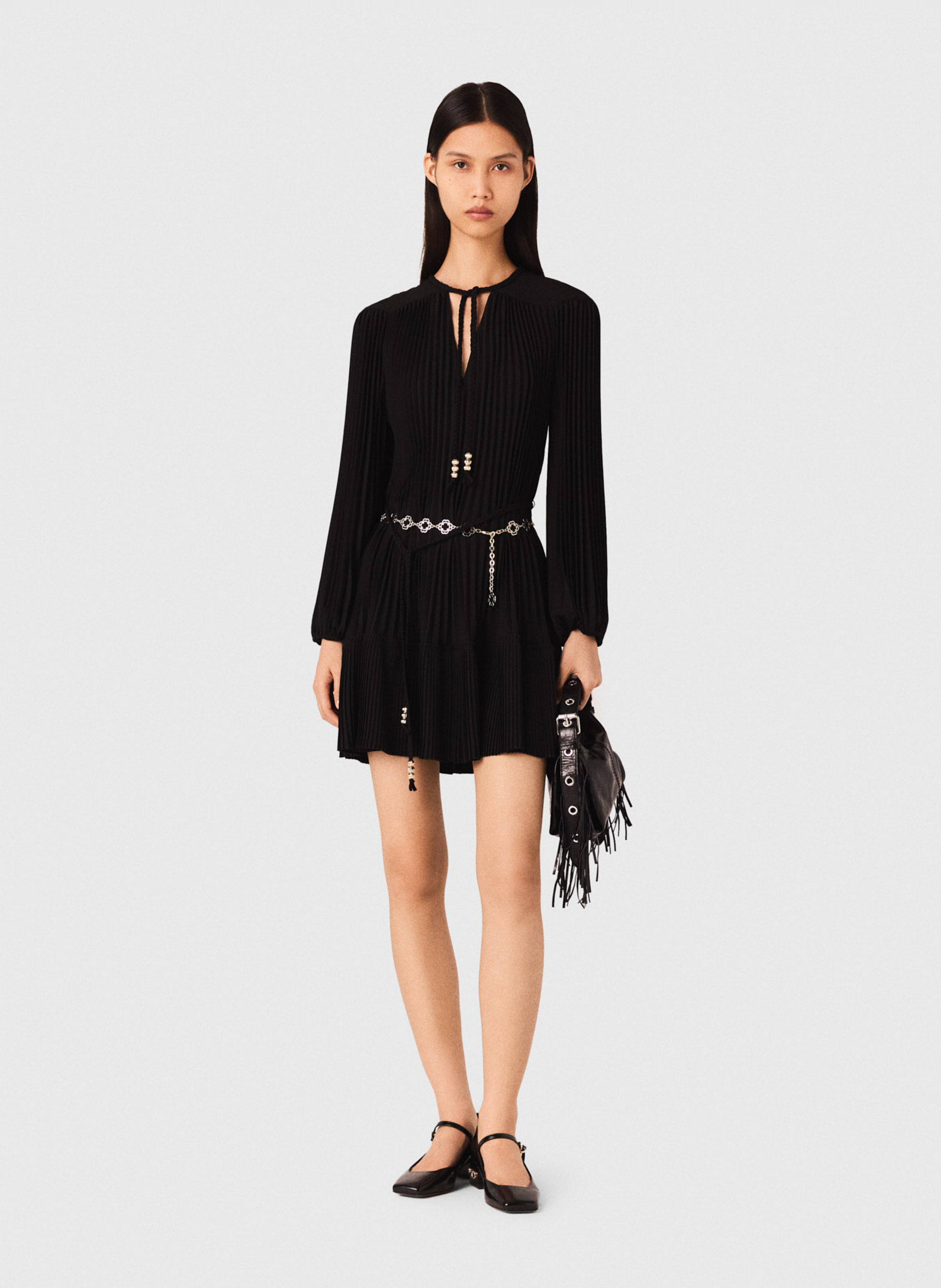 Robe courte col V plissée MAJE Noir