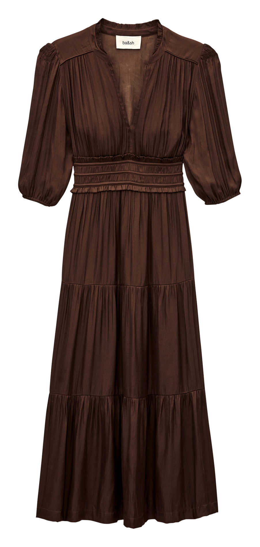 Long gathered dress with Tunisian collar in satin BA&SH Brown
