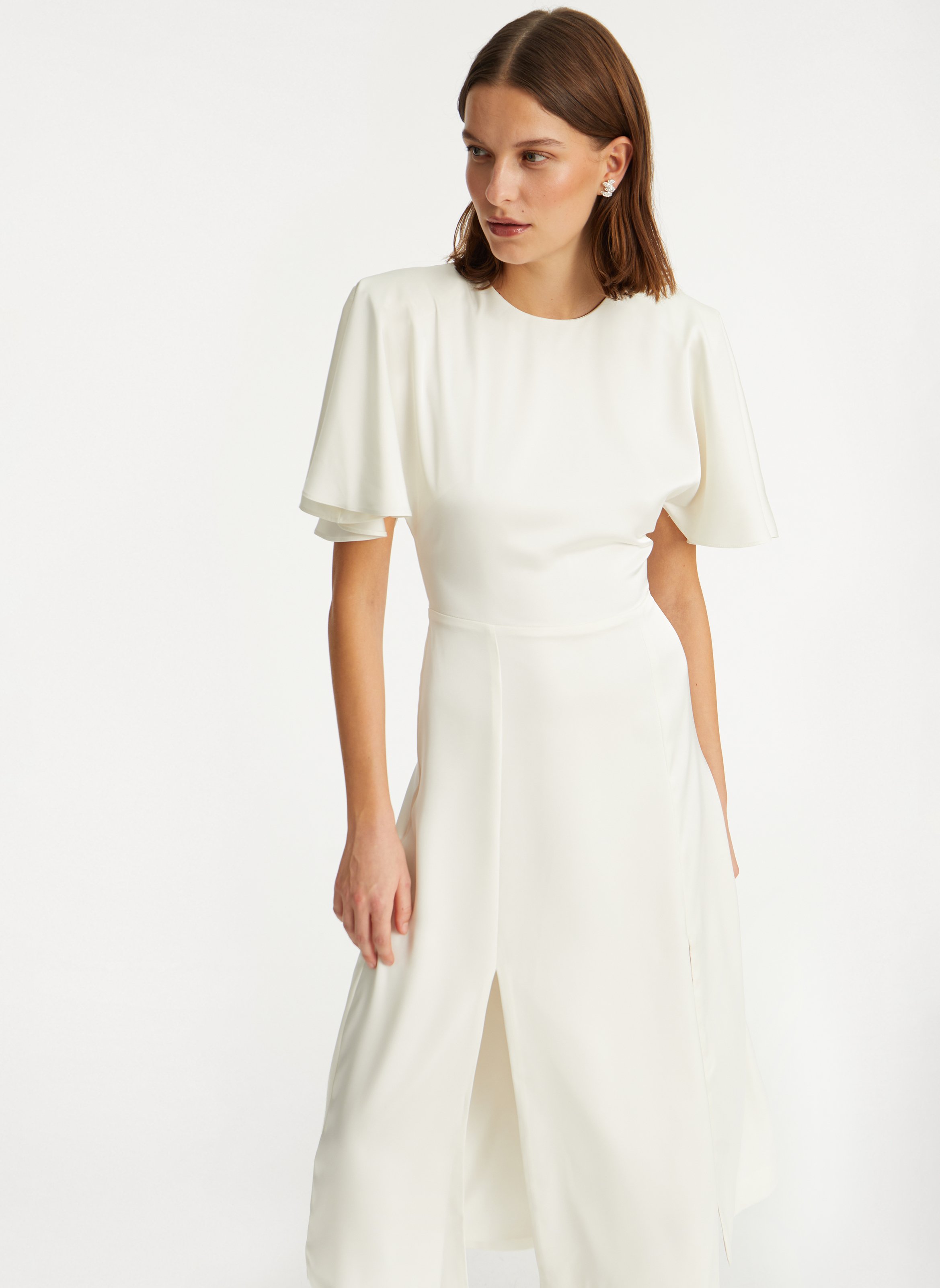 Long round neck satin dress ROTATE White
