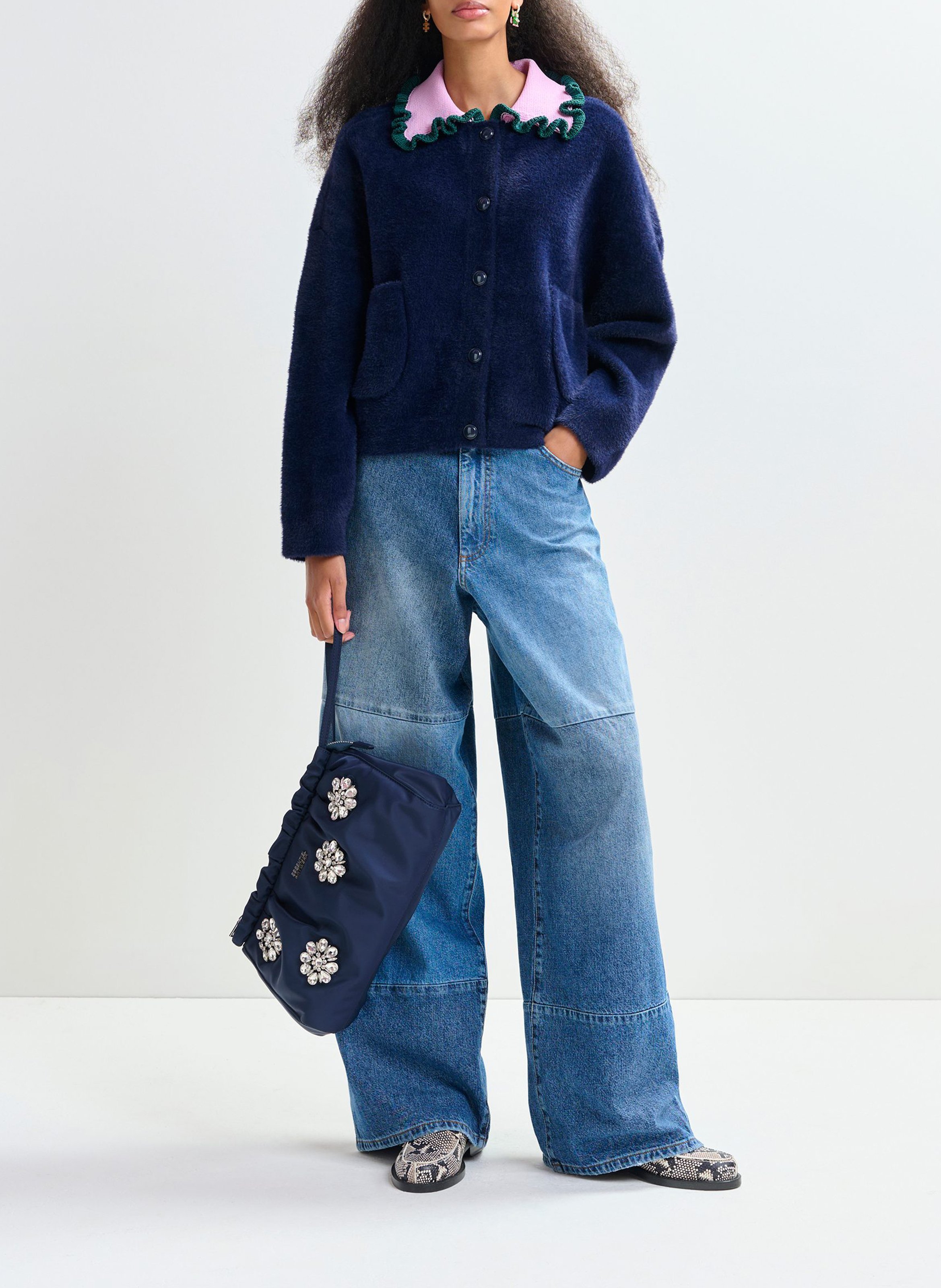 Cardigan droit col classique en maille ESSENTIEL ANTWERP Bleu