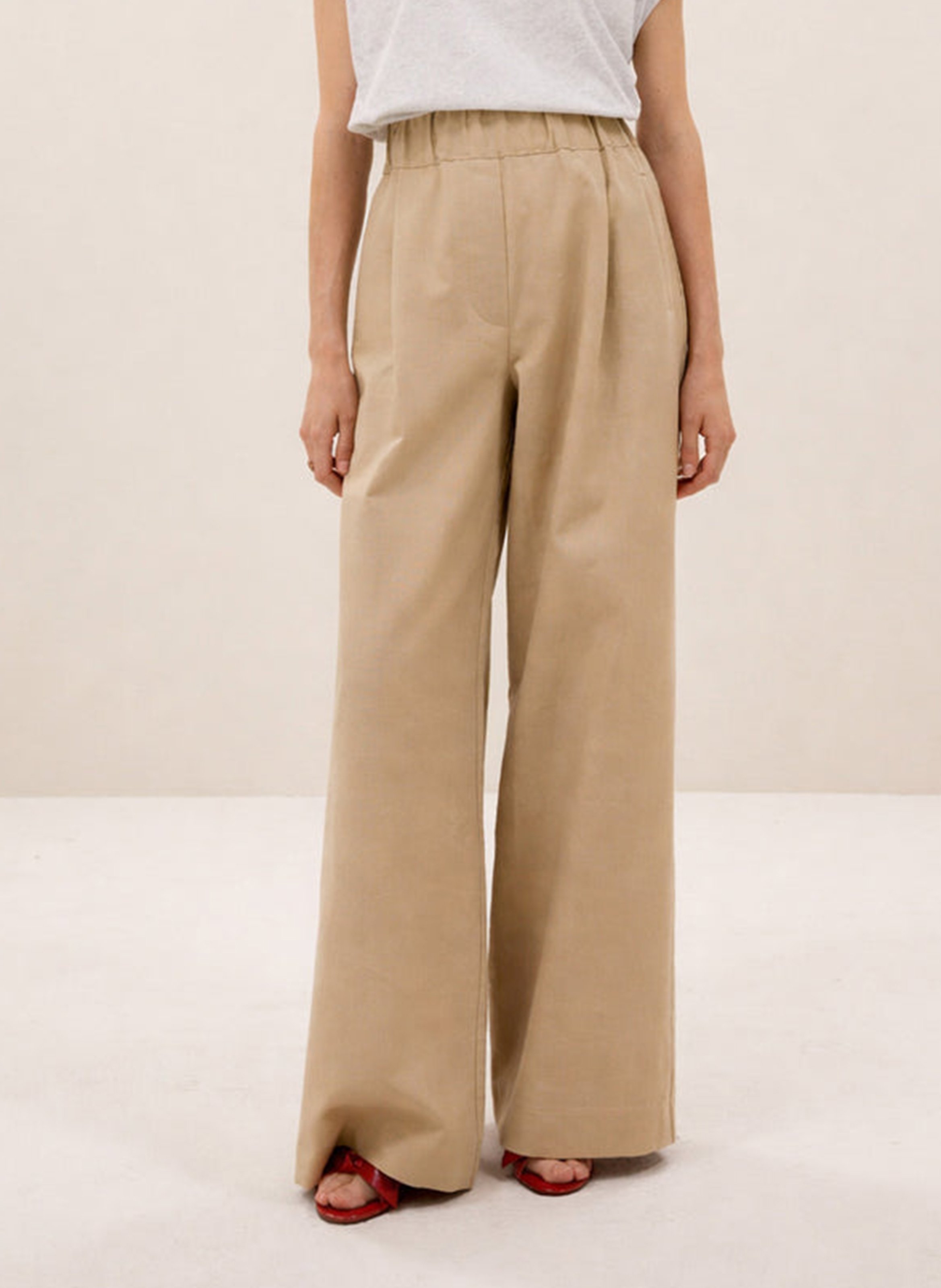 Wijde broek met hoge taille - linnen/katoenblend BY BAR Beige