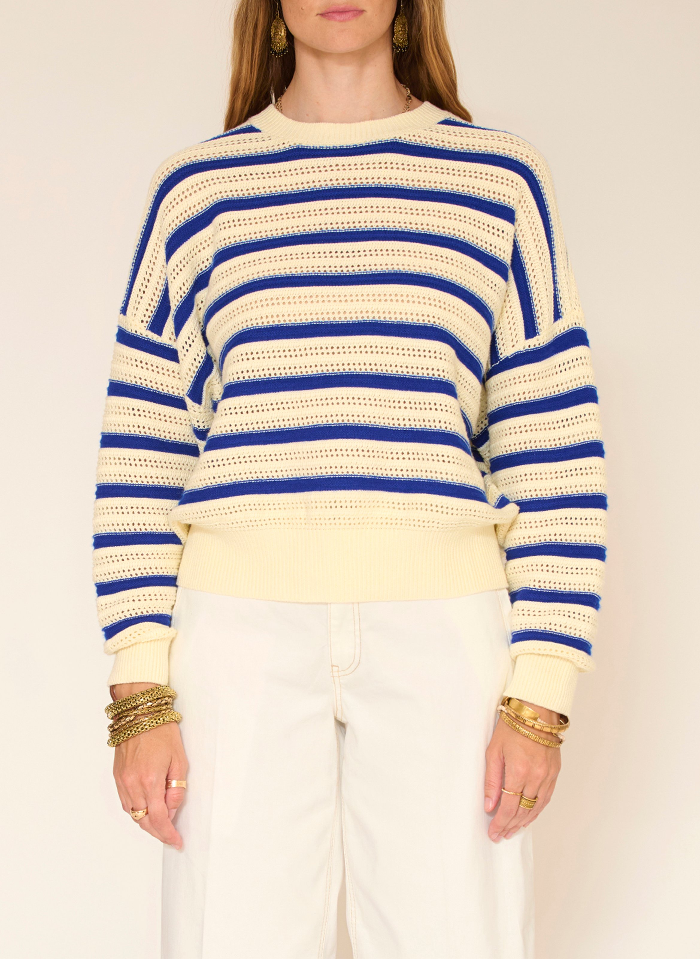 Oversized striped openwork knit sweater MKT Beige