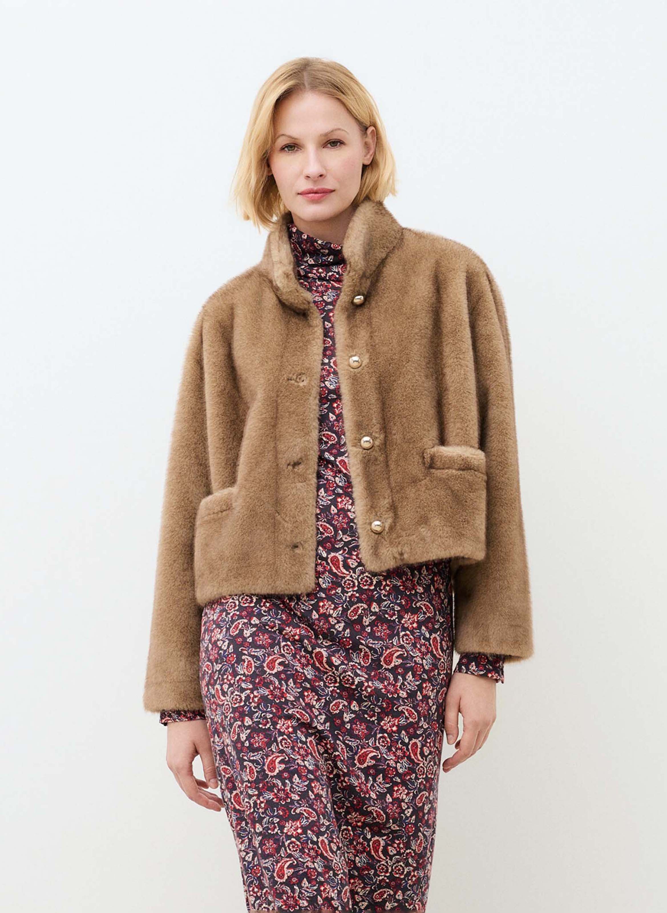 Manteau col montant en fourrure CAROLL Marron