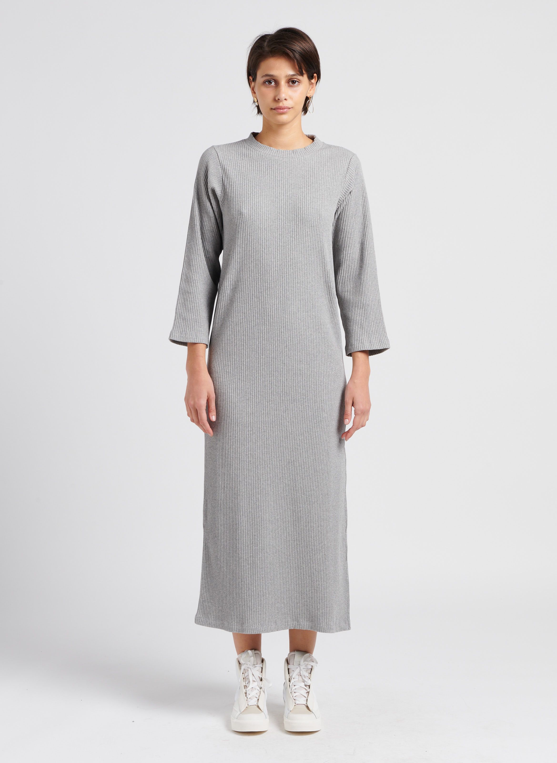 Robe longue col rond en coton m lang Gris