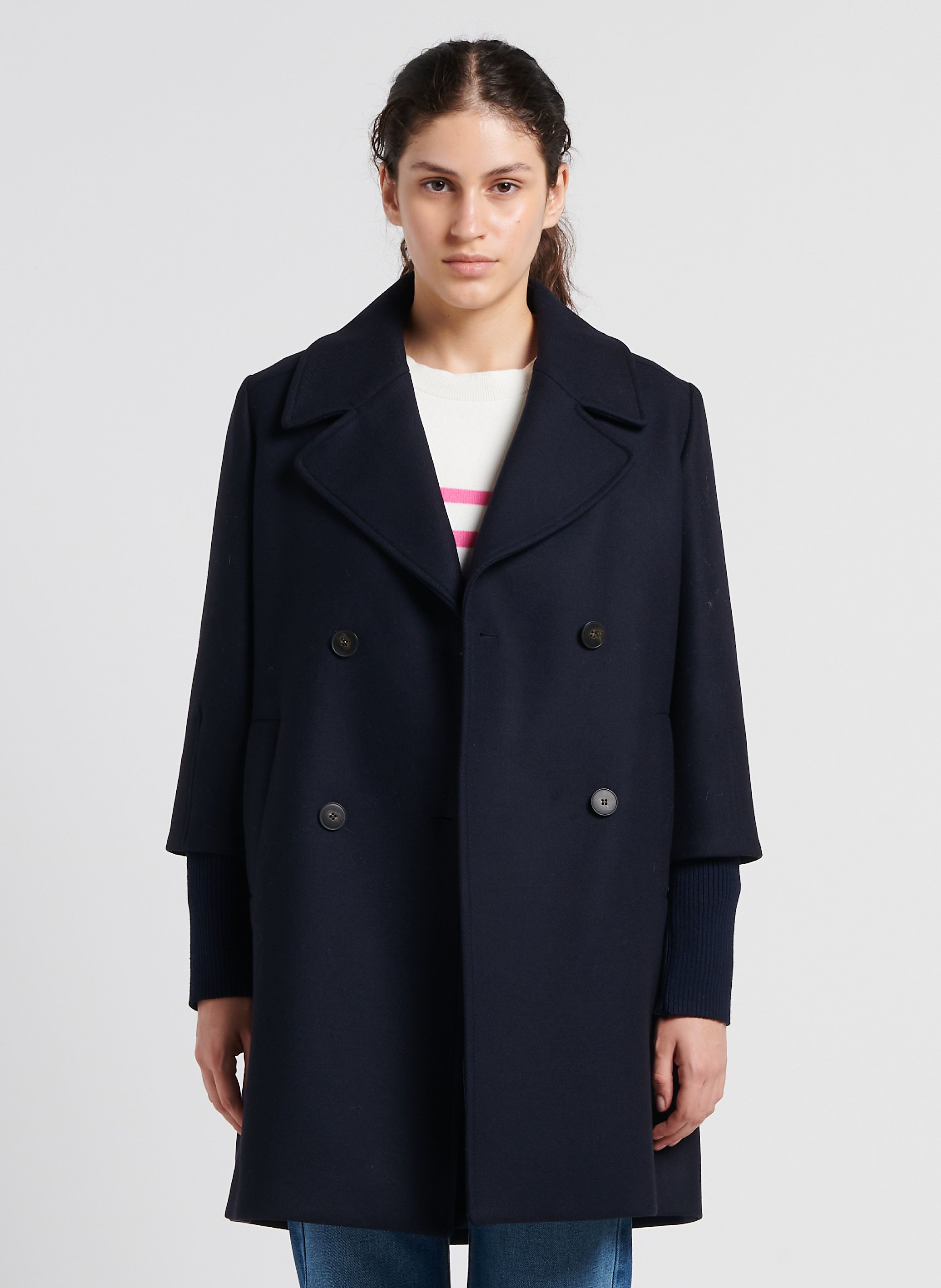 Manteau long col tailleur en laine m lang e Bleu