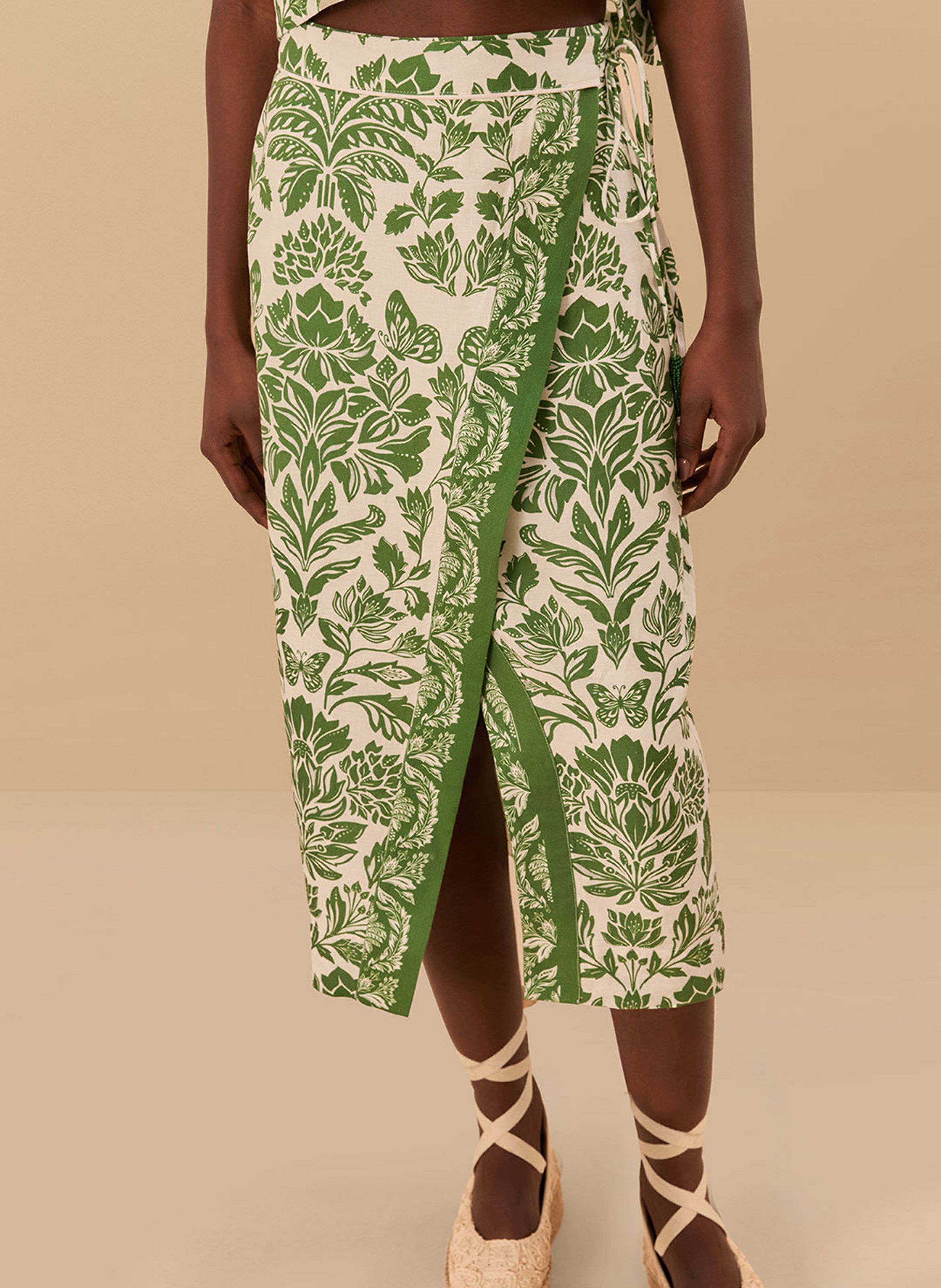 Jupe midi en lin mélangé imprimé FARM RIO Vert