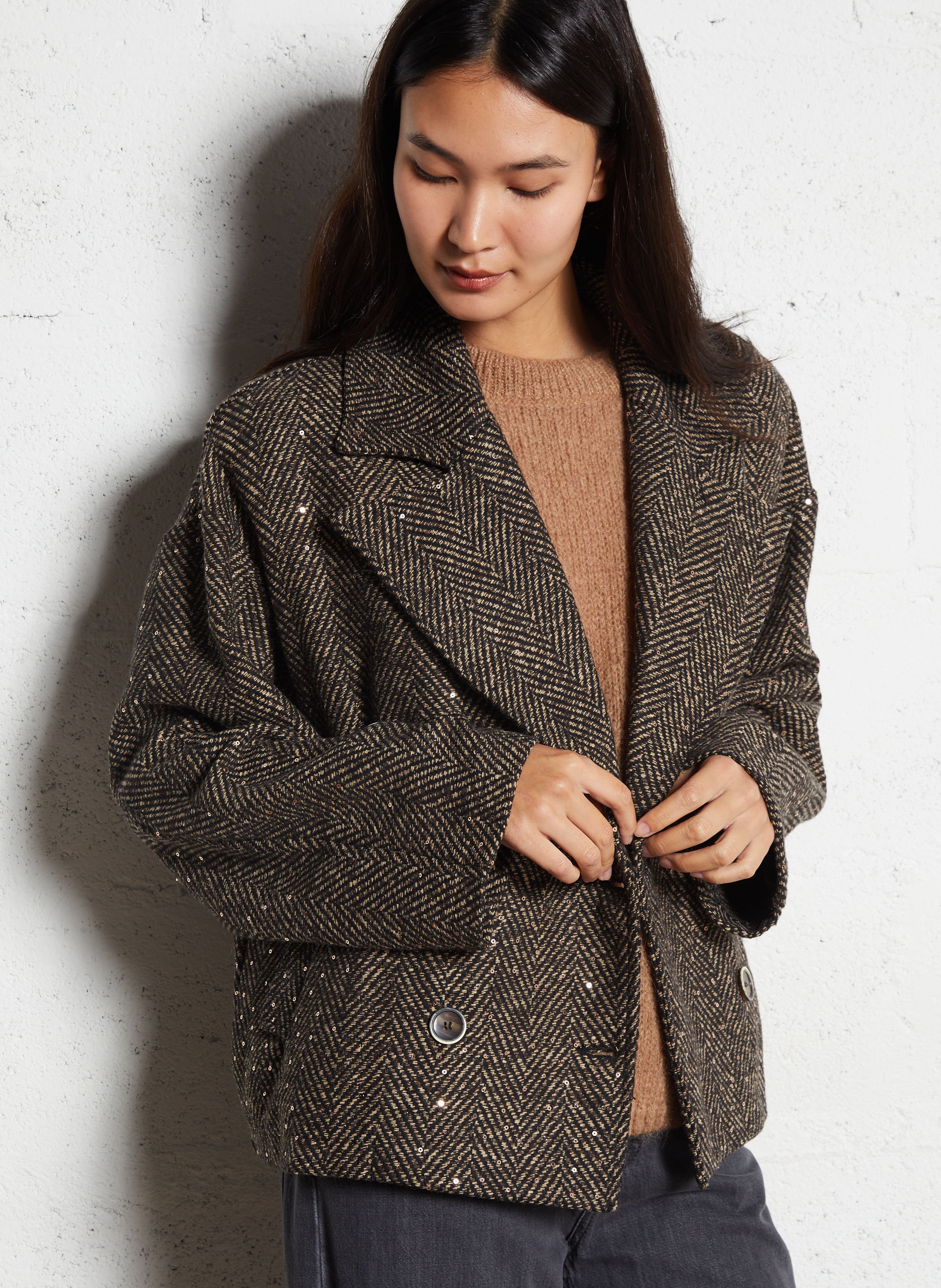 Short oversized sequin jacket PLEASE Brown