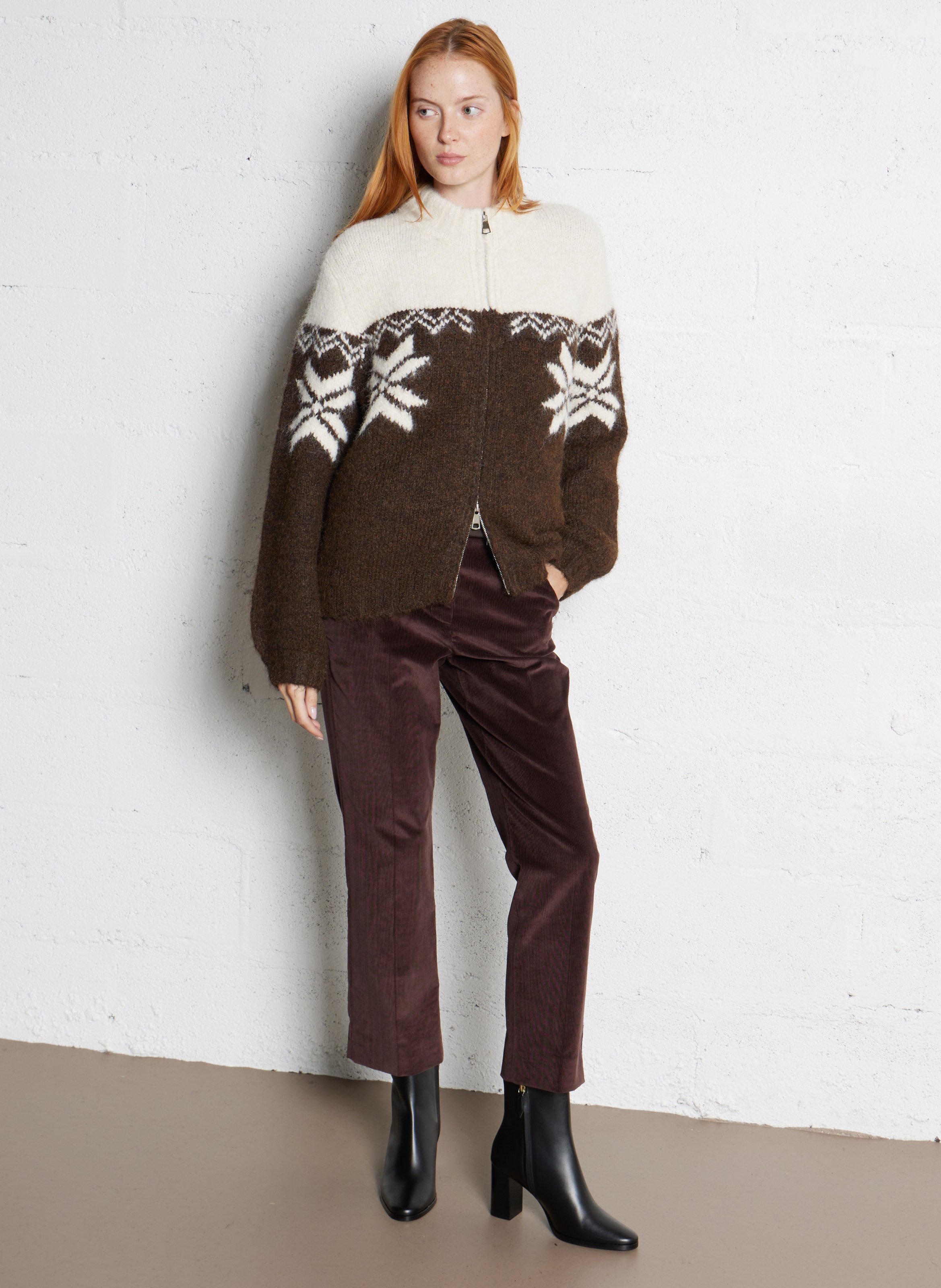 Rundhalsausschnitt-Pullover mit Reißverschluss und Muster THE KORNER Braun