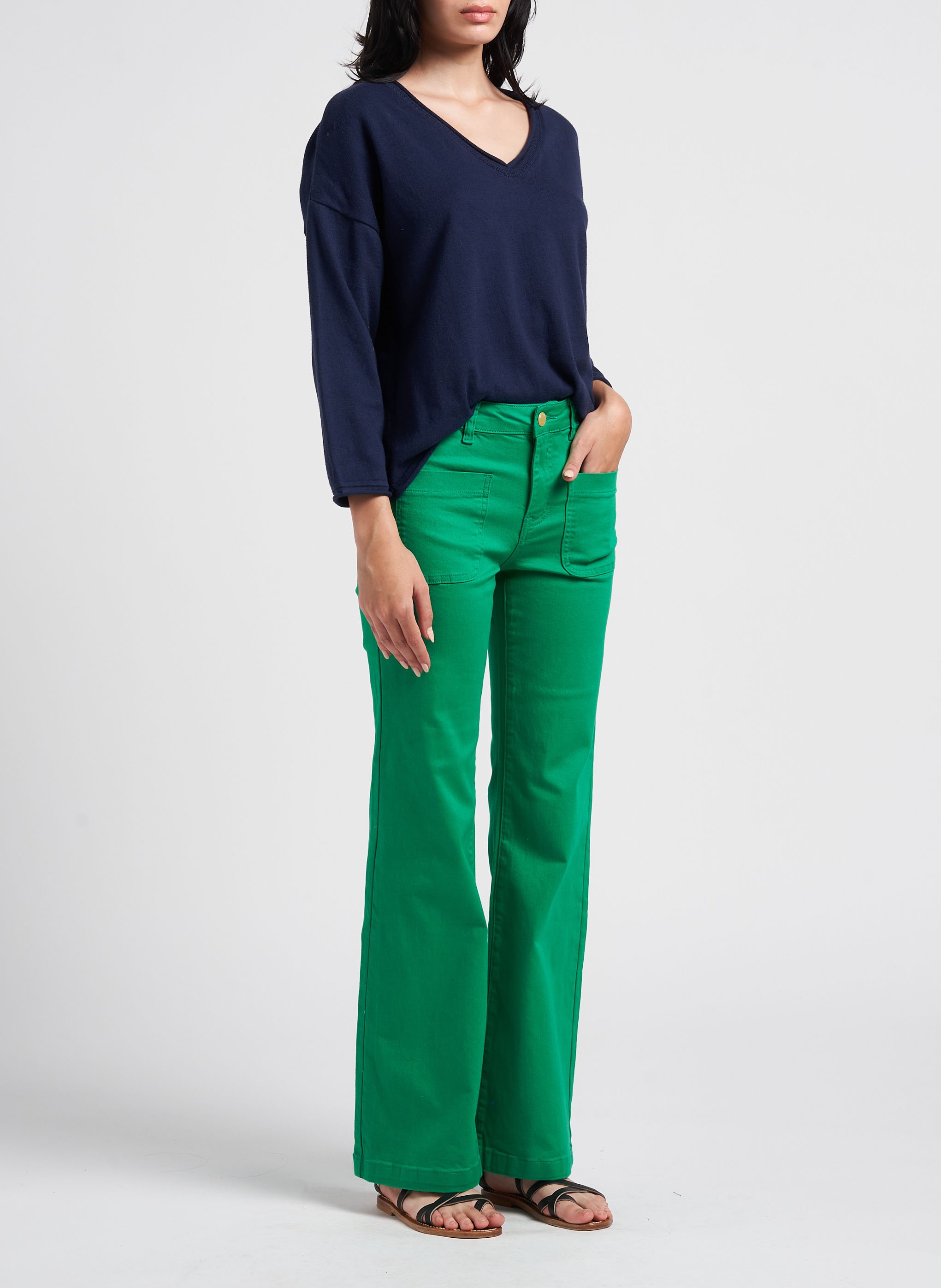 Pull col V évasé en coton ONE STEP Bleu