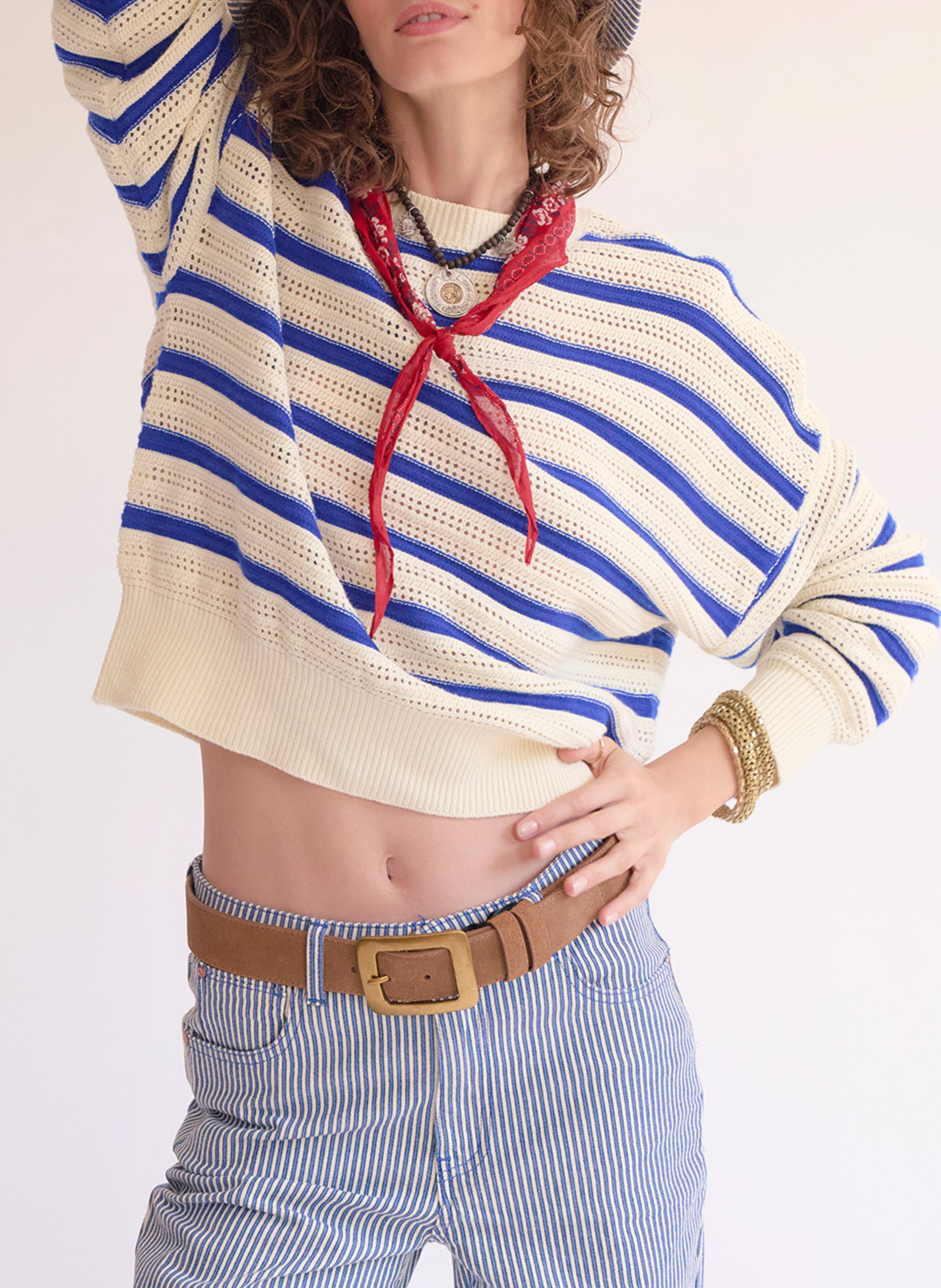 Oversized striped openwork knit sweater MKT Beige