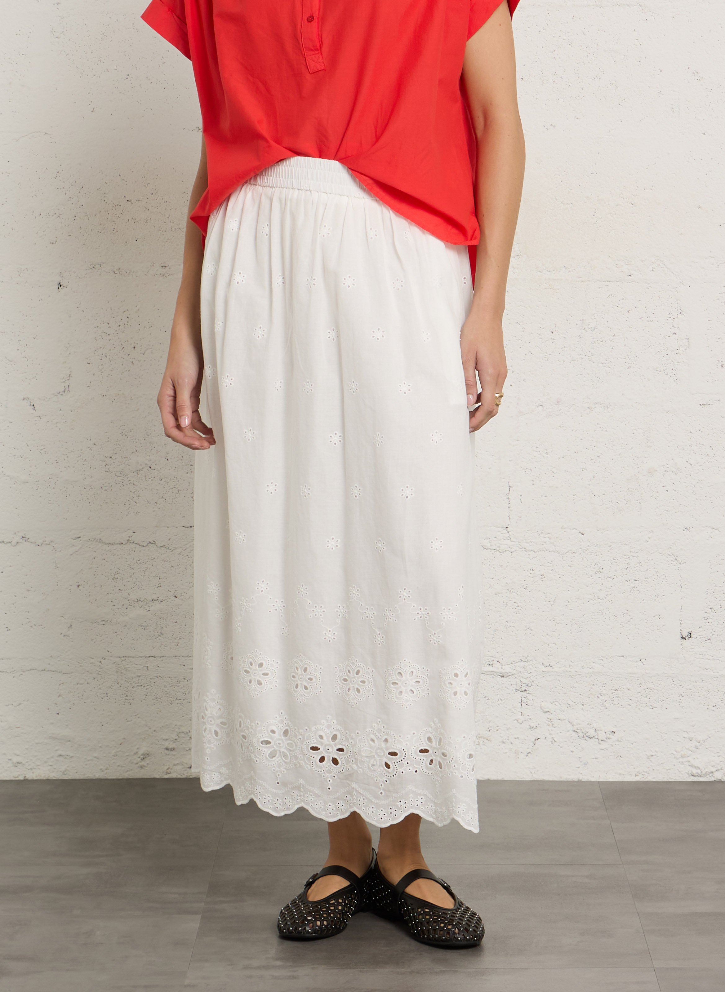 Midi-Baumwollrock mit Stickerei SEE U SOON Weiss