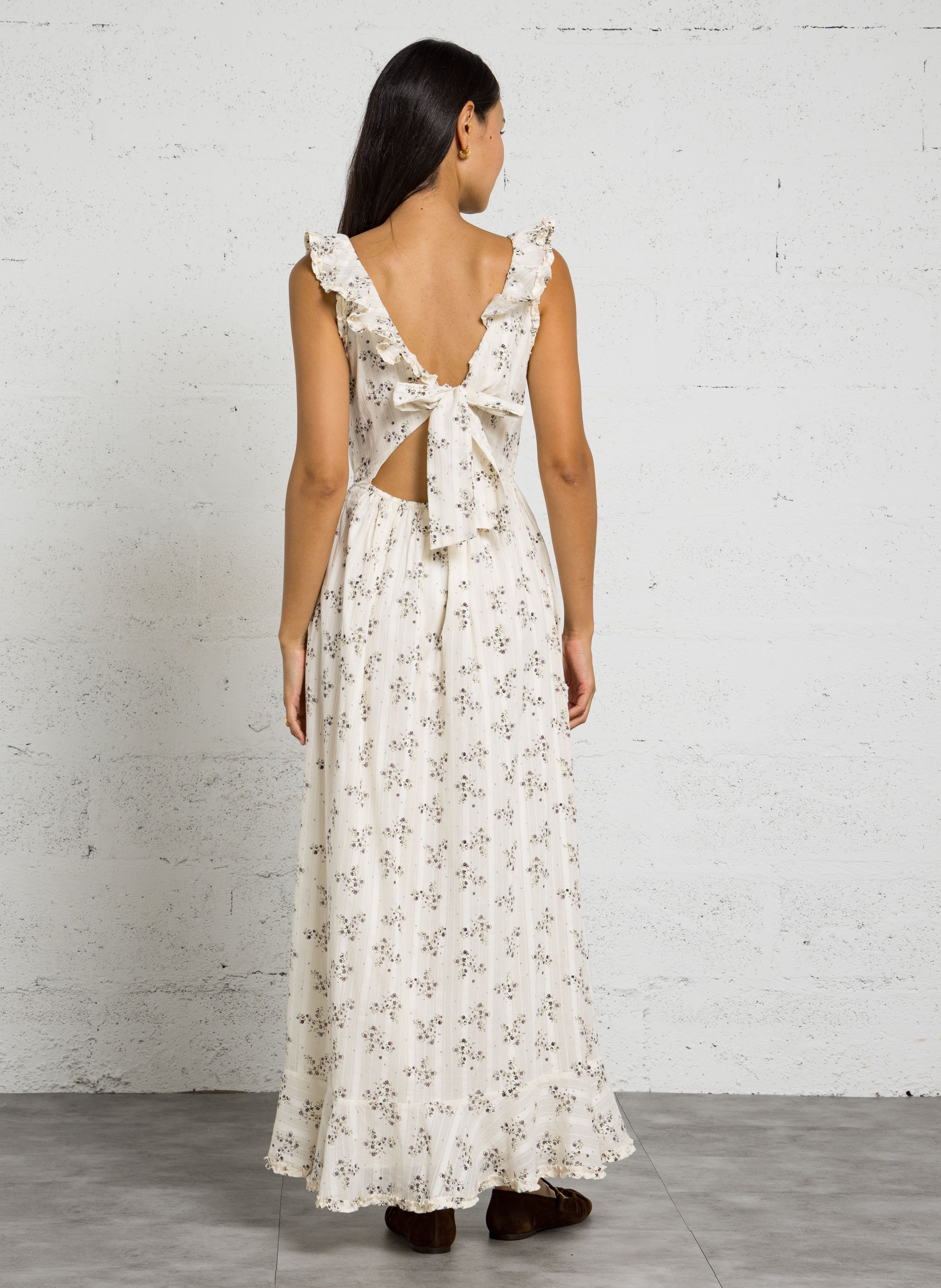 Robe longue à motif fleurs et détails volants IKKS Blanc
