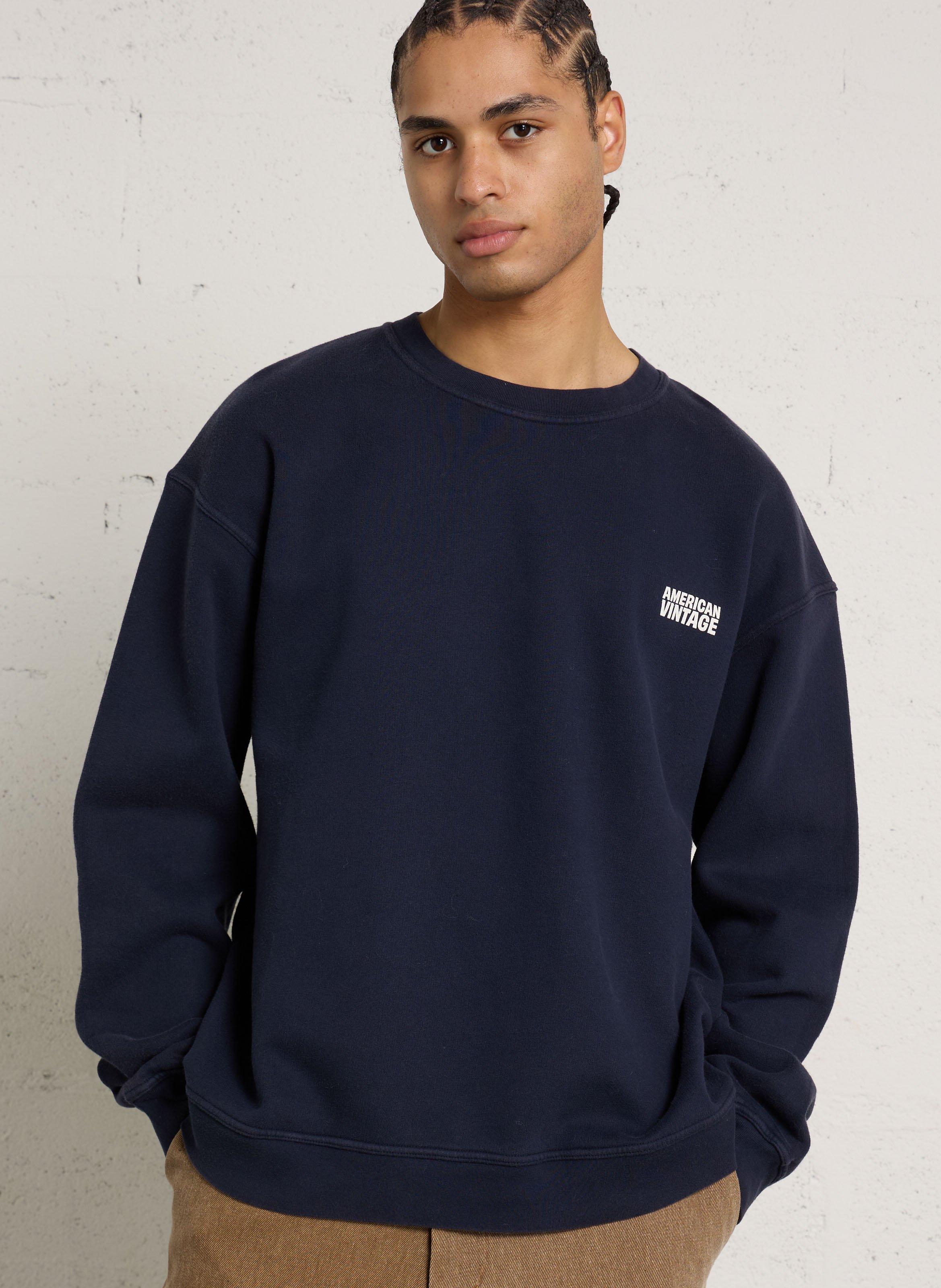Loose-fit round-neck cotton sweatshirt with screen print AMERICAN VINTAGE Blue