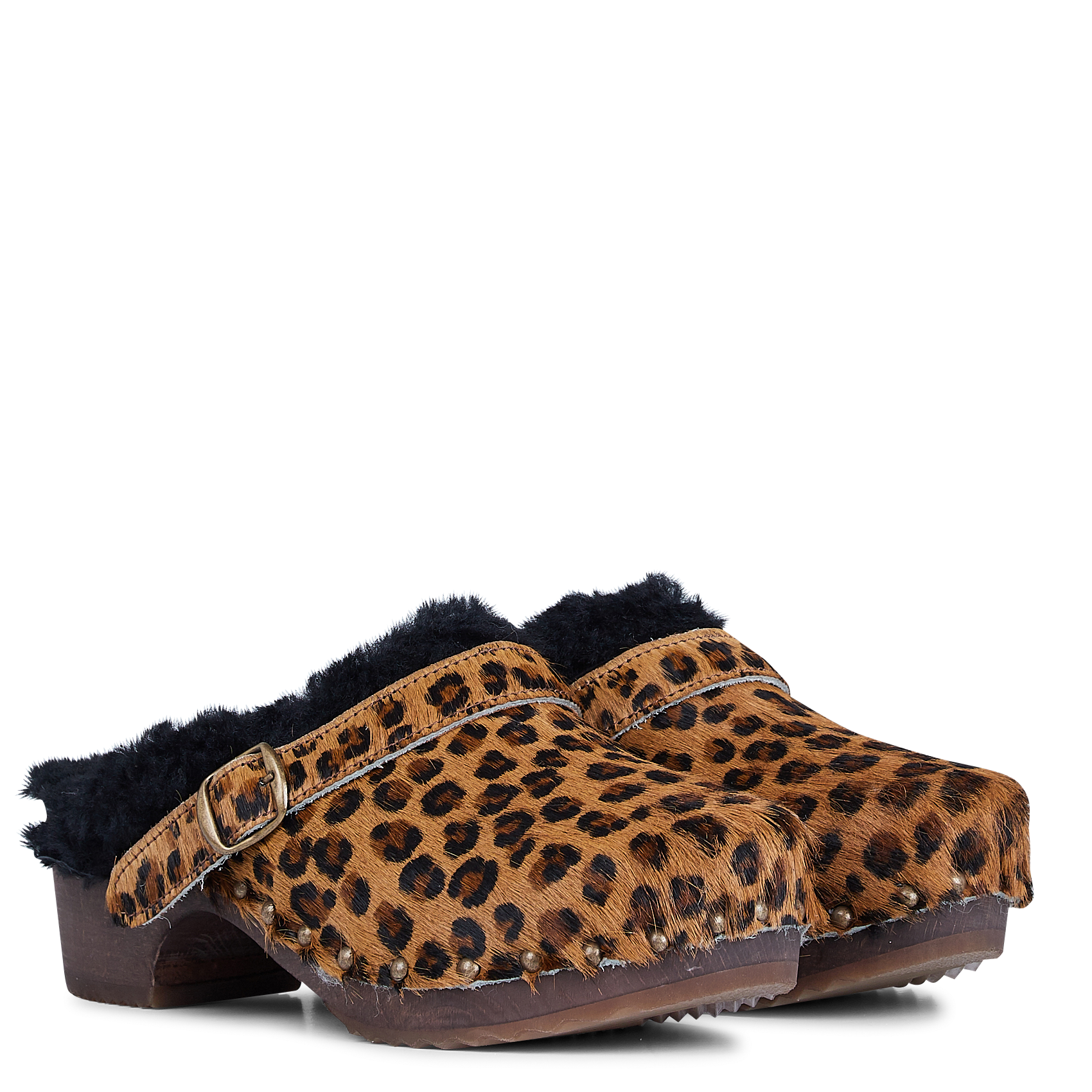 Leopard leather faux fur-lined clogs BOSABO Multicolored